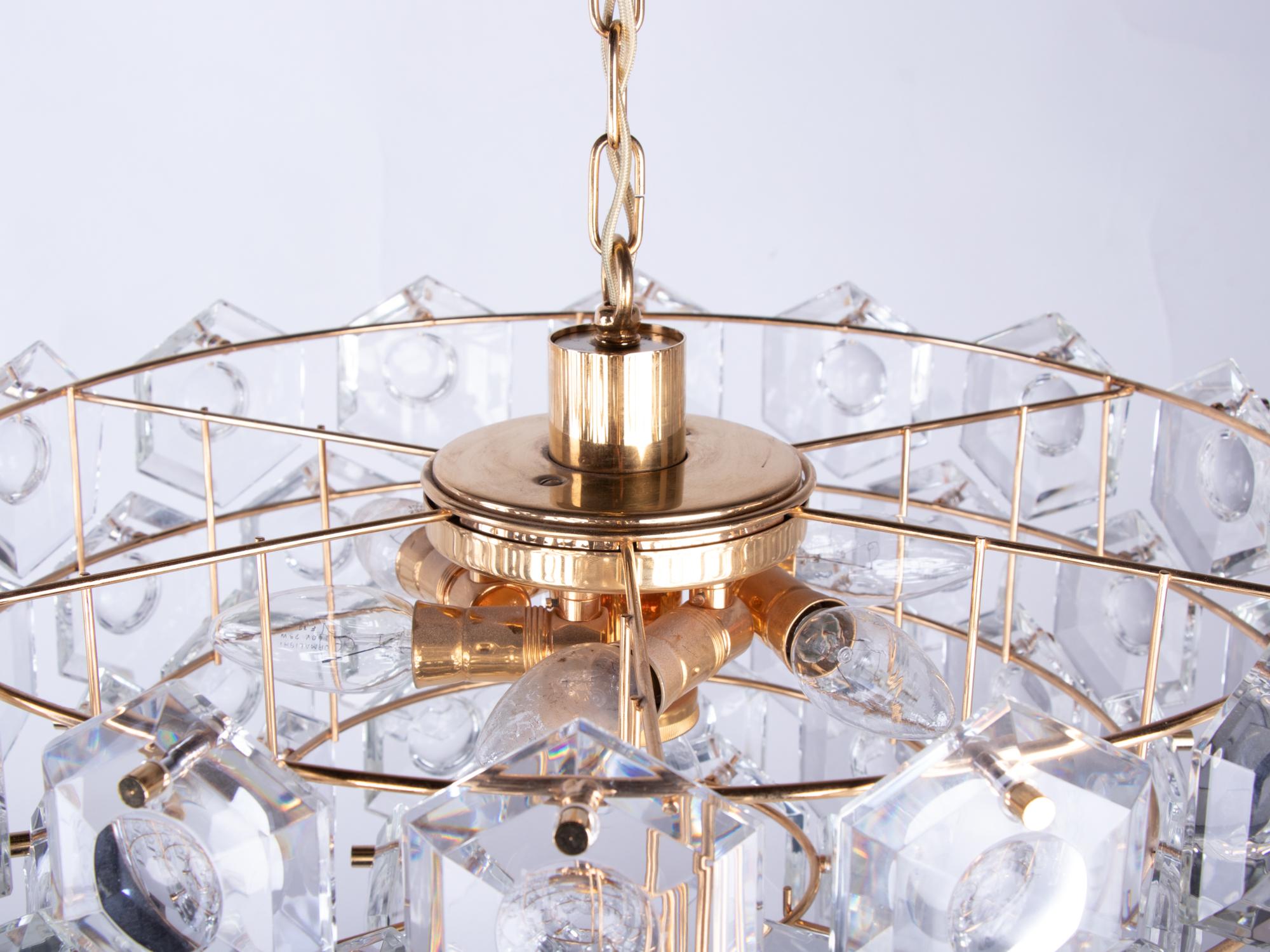 Gold Plate Gold-Plated Kinkeldey Lens Chandelier Crystal & Brass, Germany, 1960s For Sale