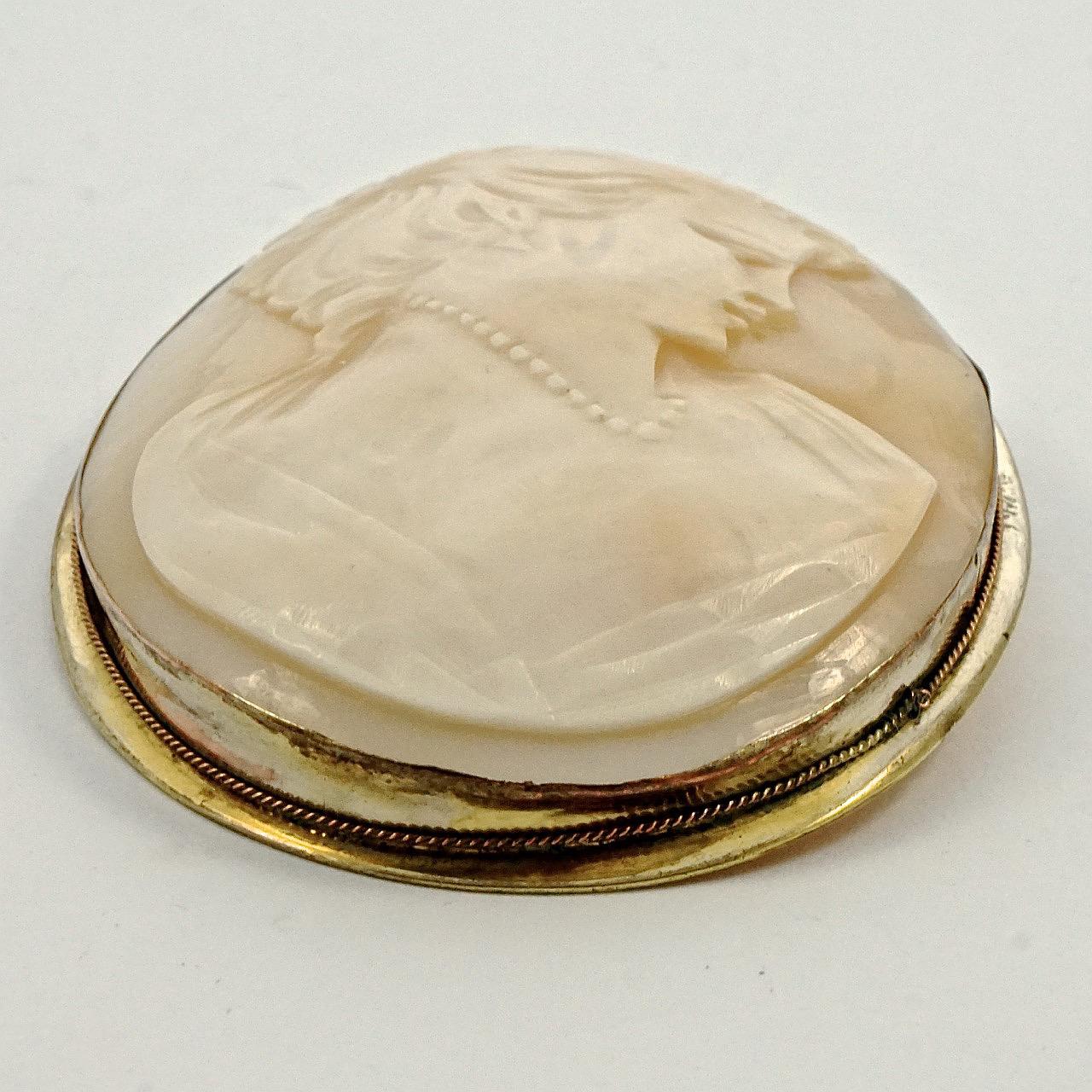 Women's or Men's Gold Plated Large Oval Carved Lady Shell Cameo Brooch Pendant  For Sale