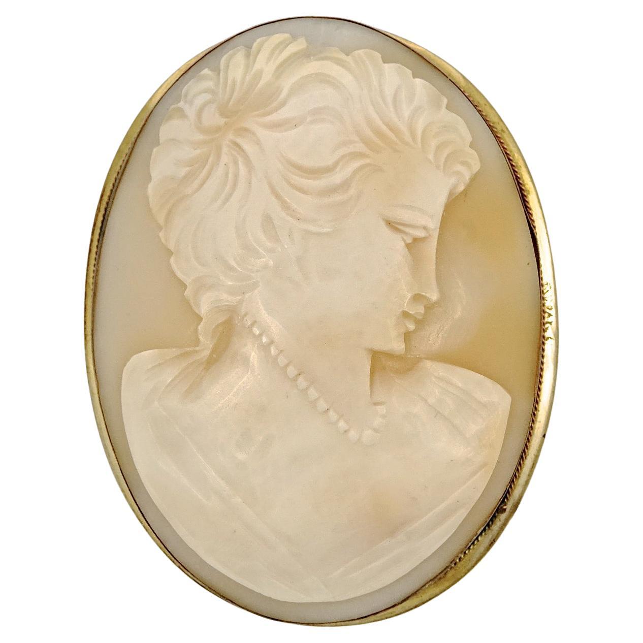 Gold Plated Large Oval Carved Lady Shell Cameo Brooch Pendant 