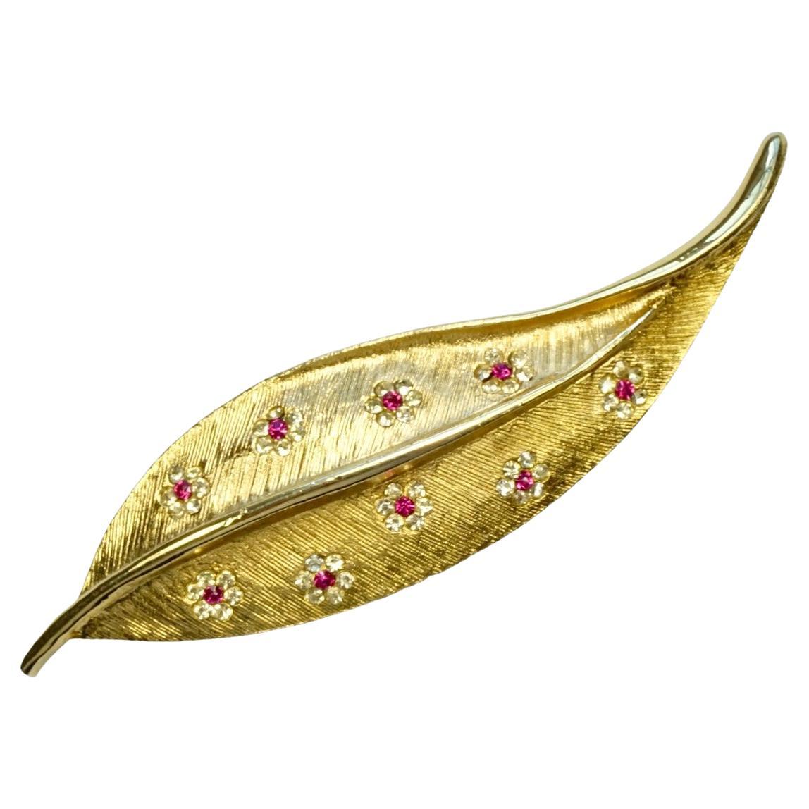 Gold Plated Leaf Brooch with Pink and Clear Rhinestone Flowers For Sale