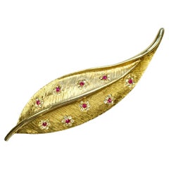 Vintage Gold Plated Leaf Brooch with Pink and Clear Rhinestone Flowers