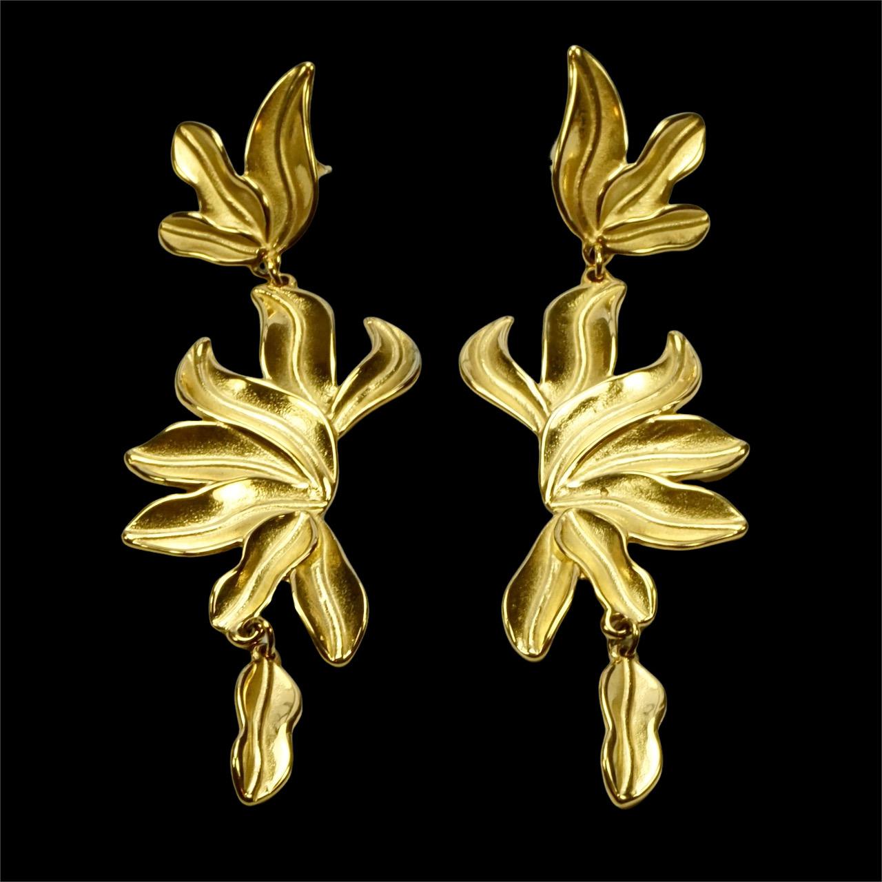 Women's or Men's Gold Plated Leaf Drop Earrings For Sale