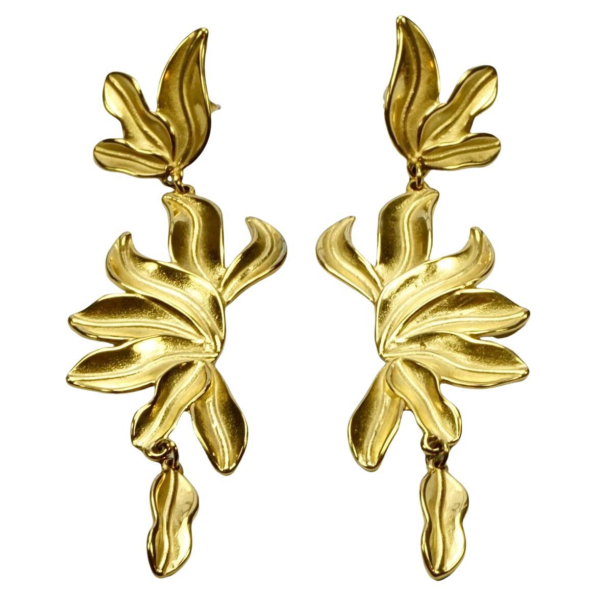 Gold Plated Leaf Drop Earrings For Sale
