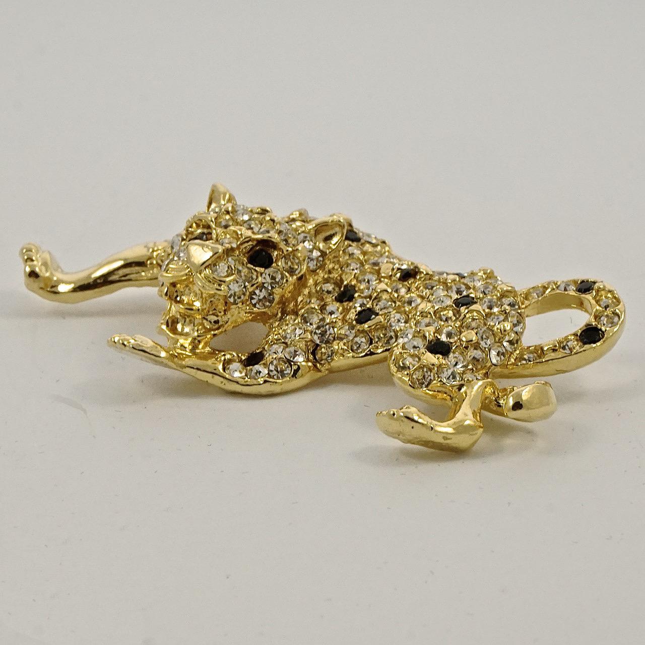 Women's or Men's Gold Plated Leopard Brooch with Clear and Black Rhinestones circa 1980s For Sale