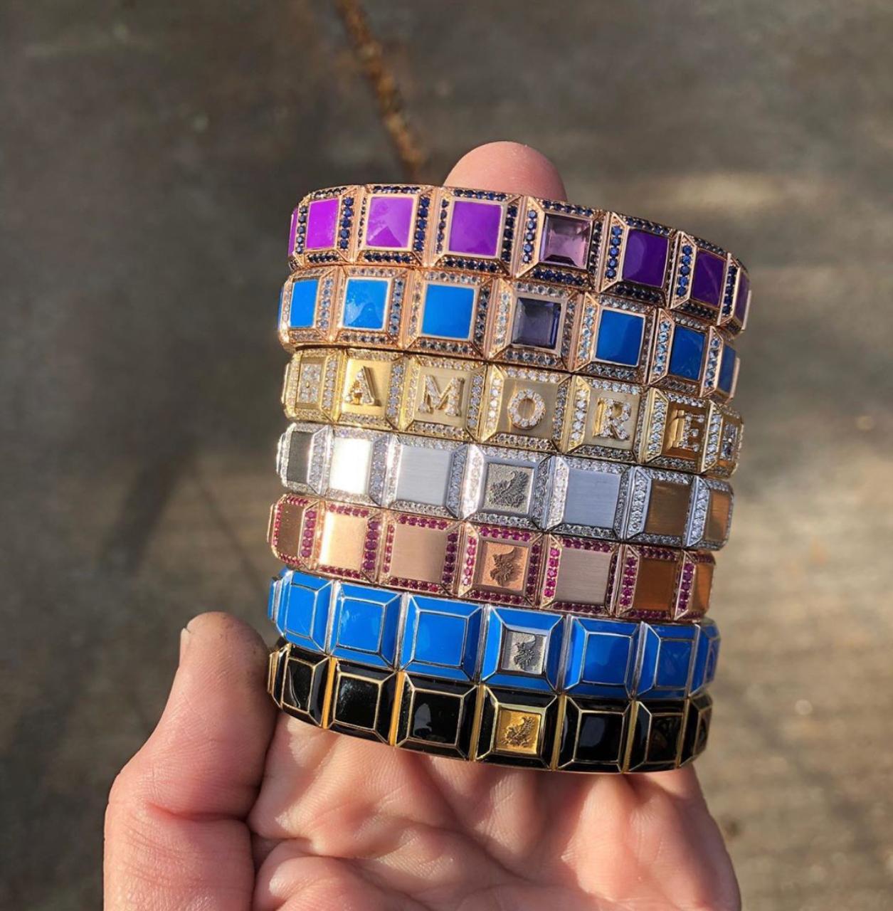 Gold-Plated Light Grey Enamel Ruby Carousel Bracelet In New Condition In Novato, CA