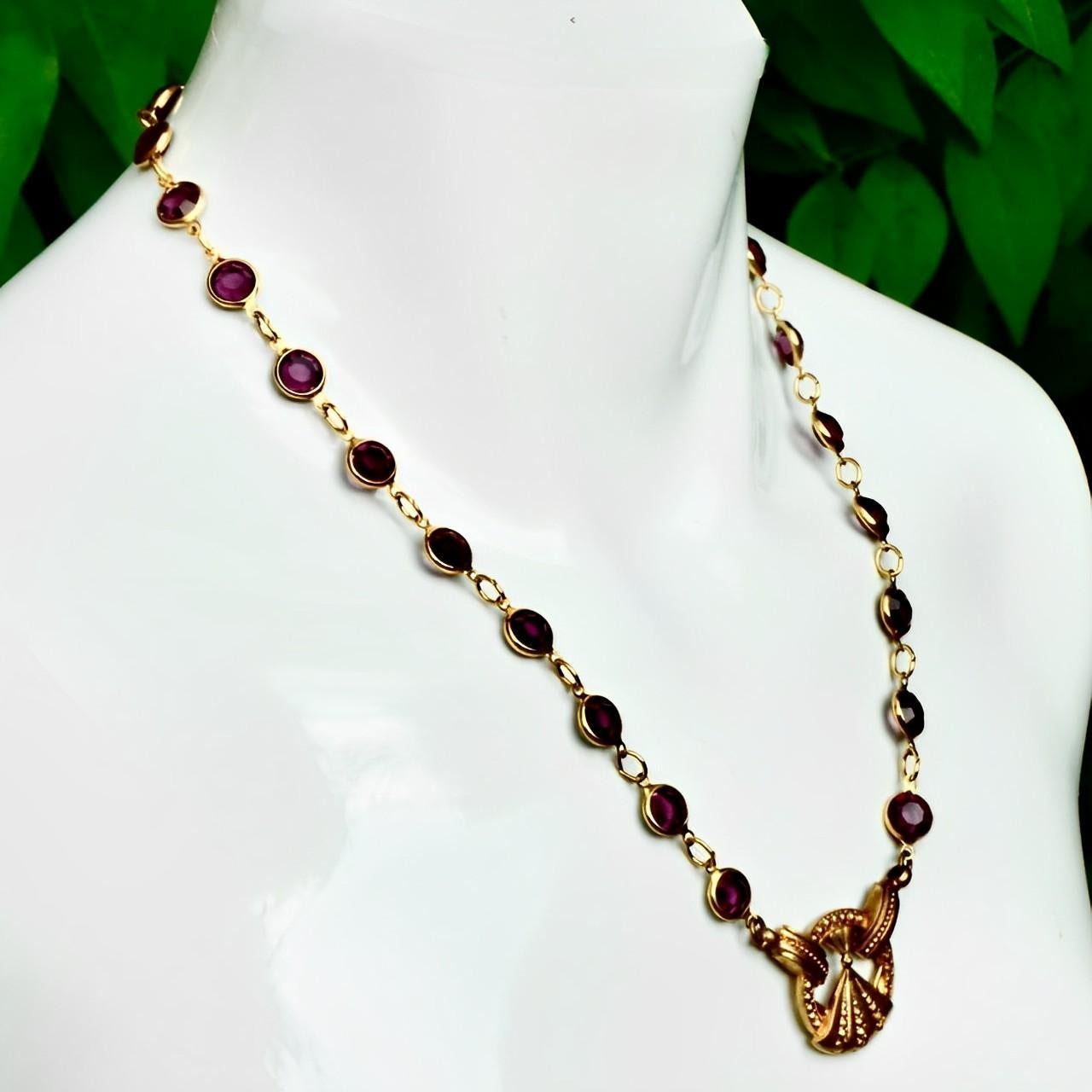 Round Cut Gold Plated Link Necklace with Bezel Set Purple Crystals and Vintage Pendant For Sale