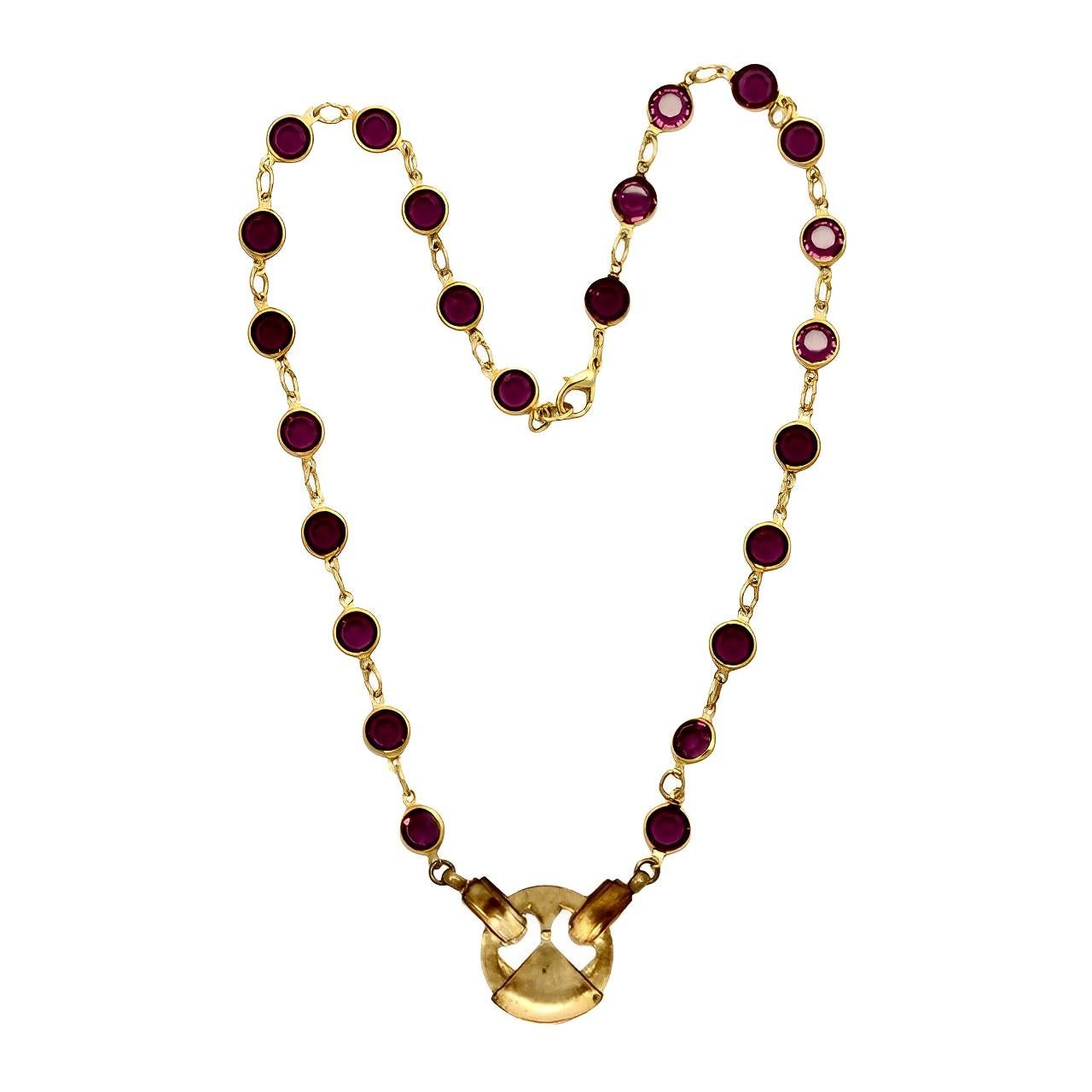 Gold Plated Link Necklace with Bezel Set Purple Crystals and Vintage Pendant In Good Condition For Sale In London, GB