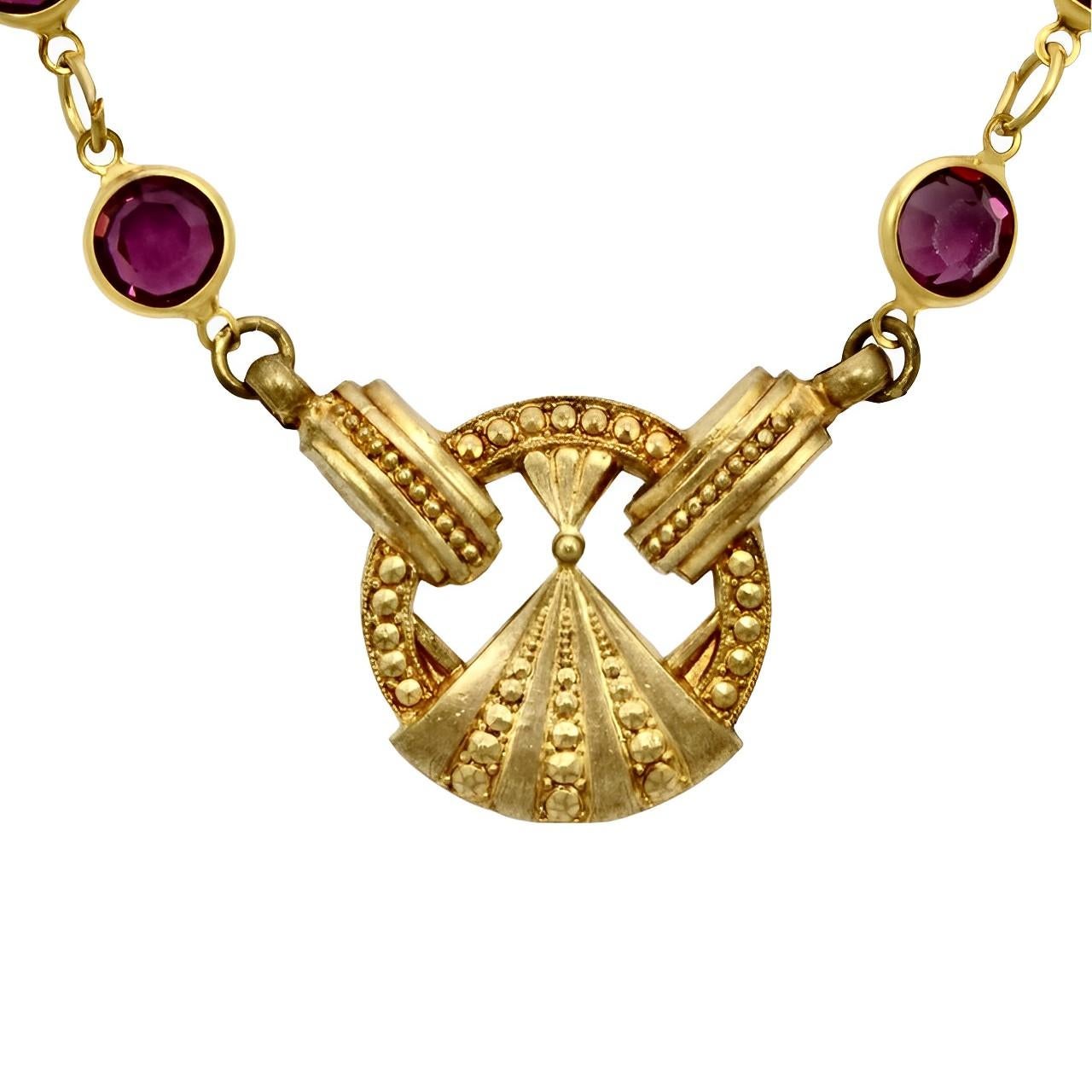 Women's or Men's Gold Plated Link Necklace with Bezel Set Purple Crystals and Vintage Pendant For Sale