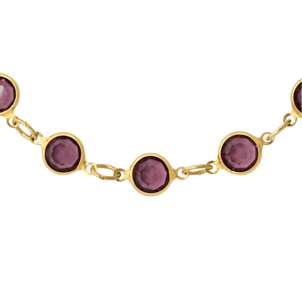 Gold Plated Link Necklace with Bezel Set Purple Crystals and Vintage Pendant For Sale 1