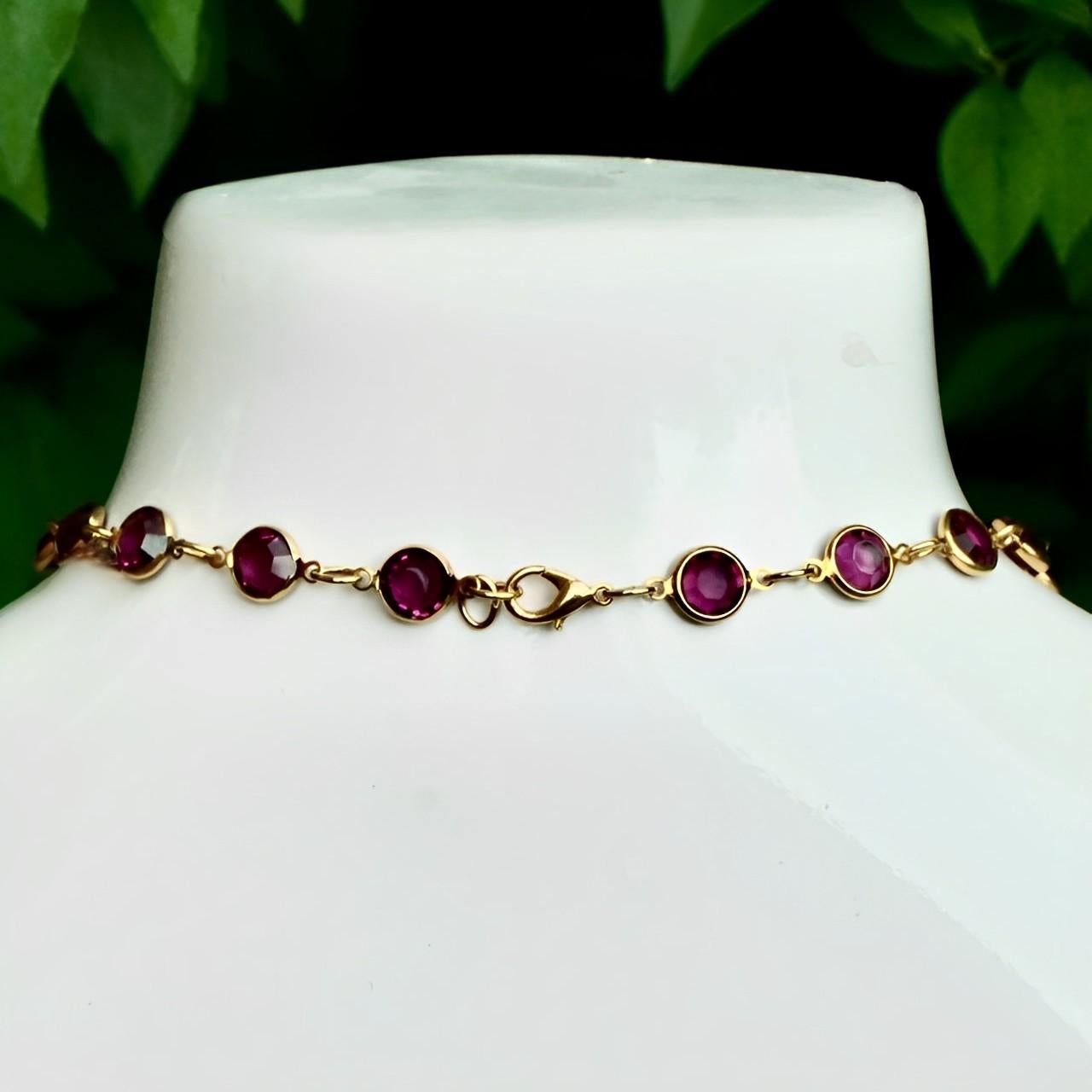 Gold Plated Link Necklace with Bezel Set Purple Crystals and Vintage Pendant For Sale 2