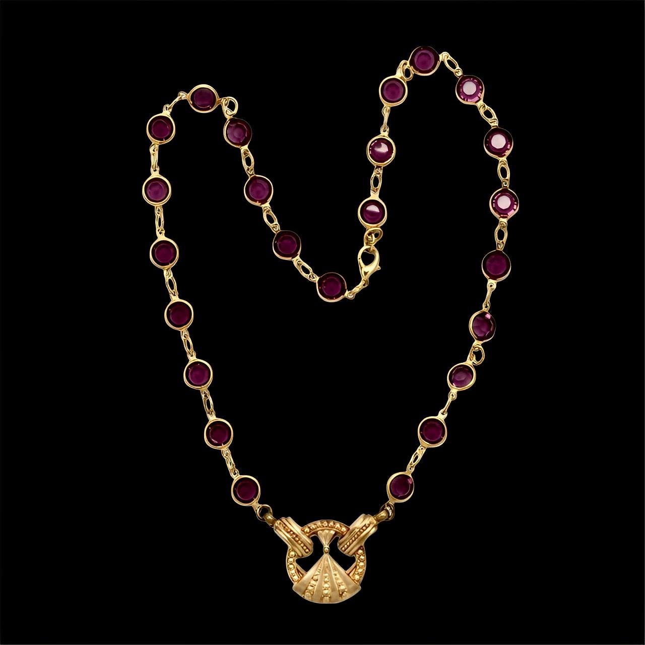 Gold Plated Link Necklace with Bezel Set Purple Crystals and Vintage Pendant For Sale 3