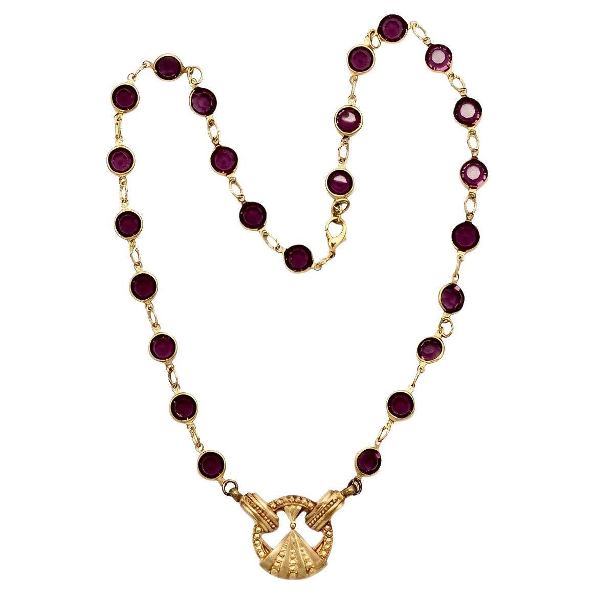 Gold Plated Link Necklace with Bezel Set Purple Crystals and Vintage Pendant For Sale
