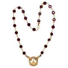 Gold Plated Link Necklace with Bezel Set Purple Crystals and Vintage Pendant