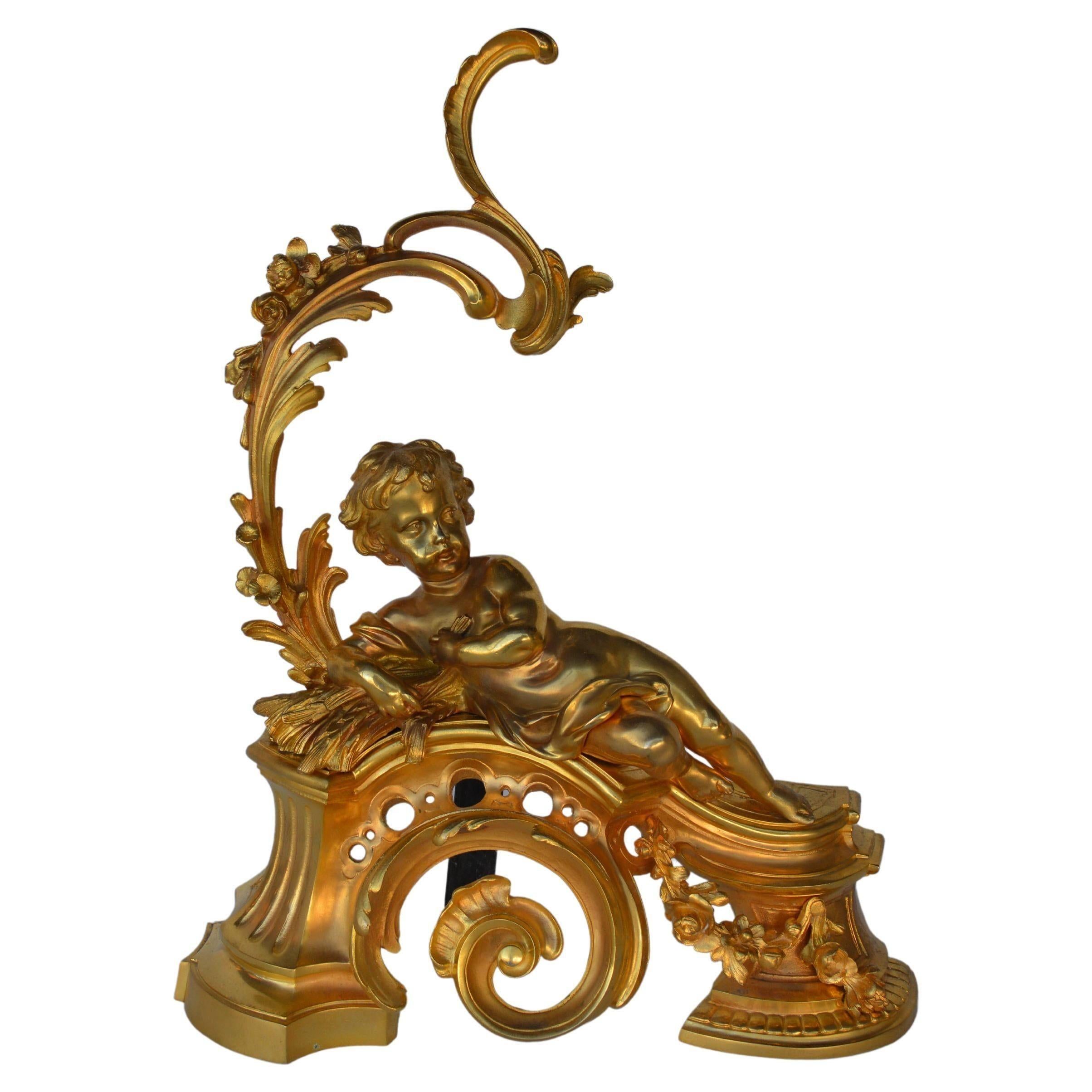 French Gold Plated Louis XV Style Andiron Set, Cherub Motif For Sale