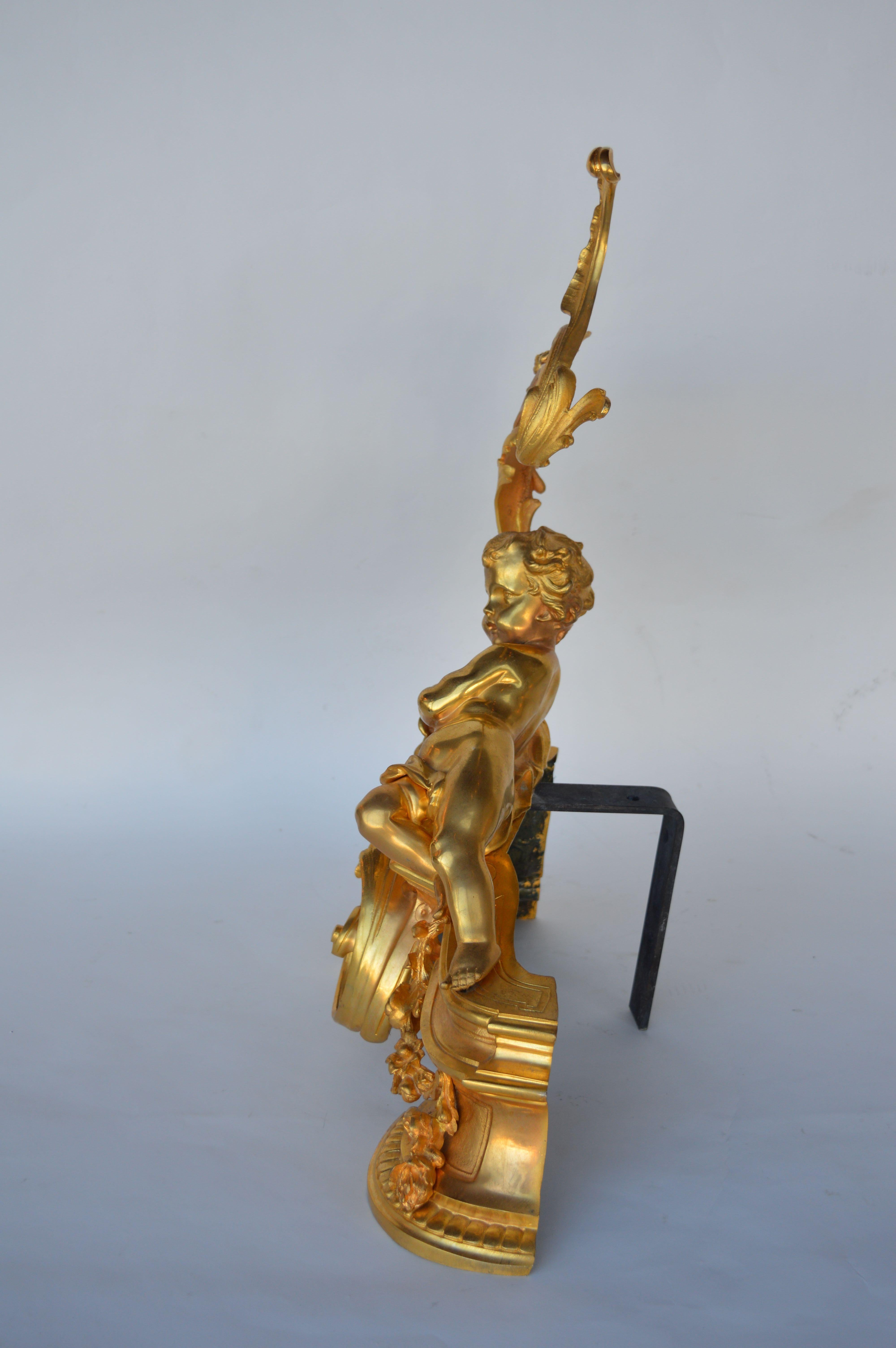 Gold Plated Louis XV Style Andiron Set, Cherub Motif In Good Condition For Sale In Los Angeles, CA