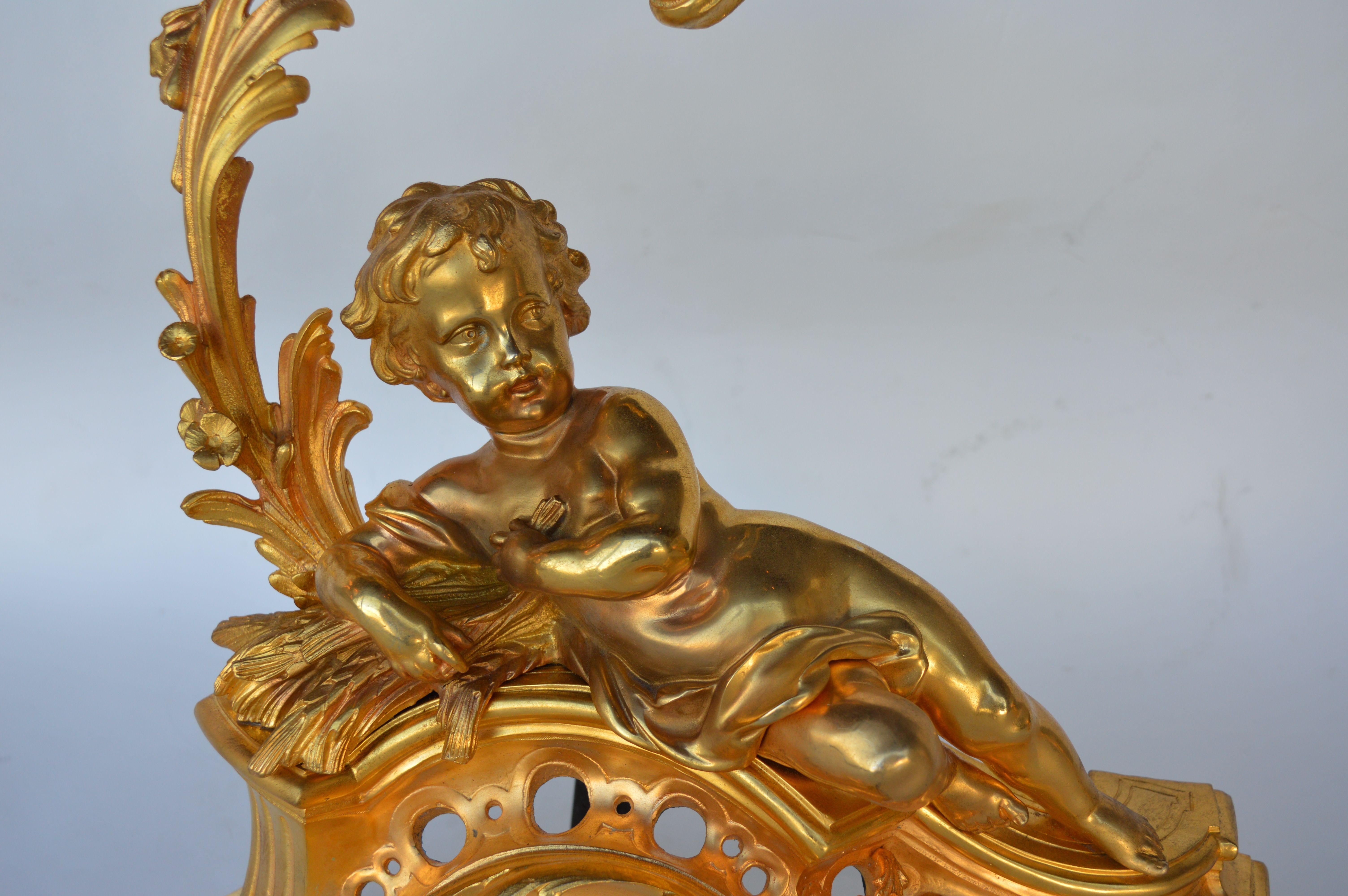19th Century Gold Plated Louis XV Style Andiron Set, Cherub Motif For Sale