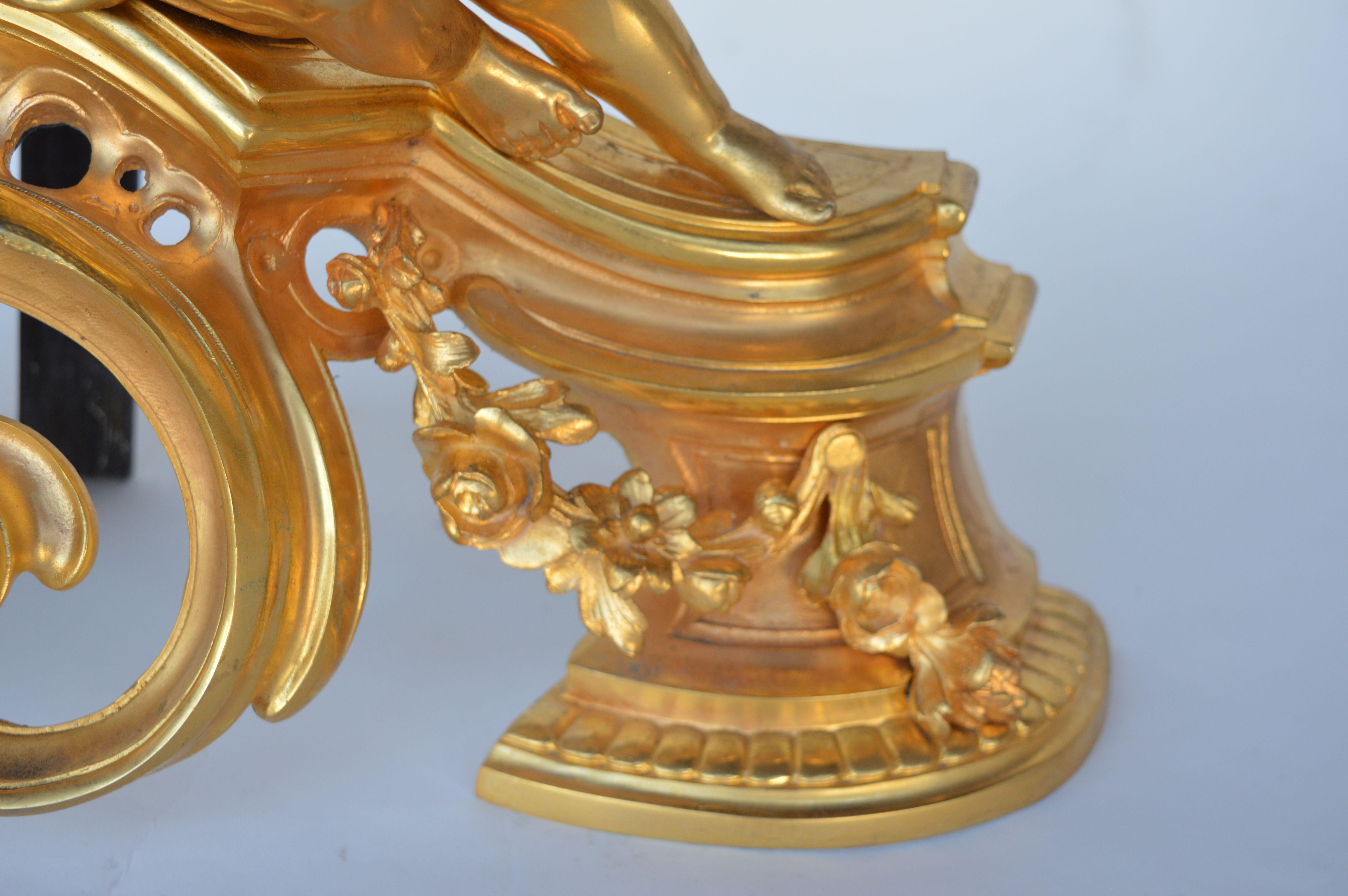 Bronze Gold Plated Louis XV Style Andiron Set, Cherub Motif For Sale