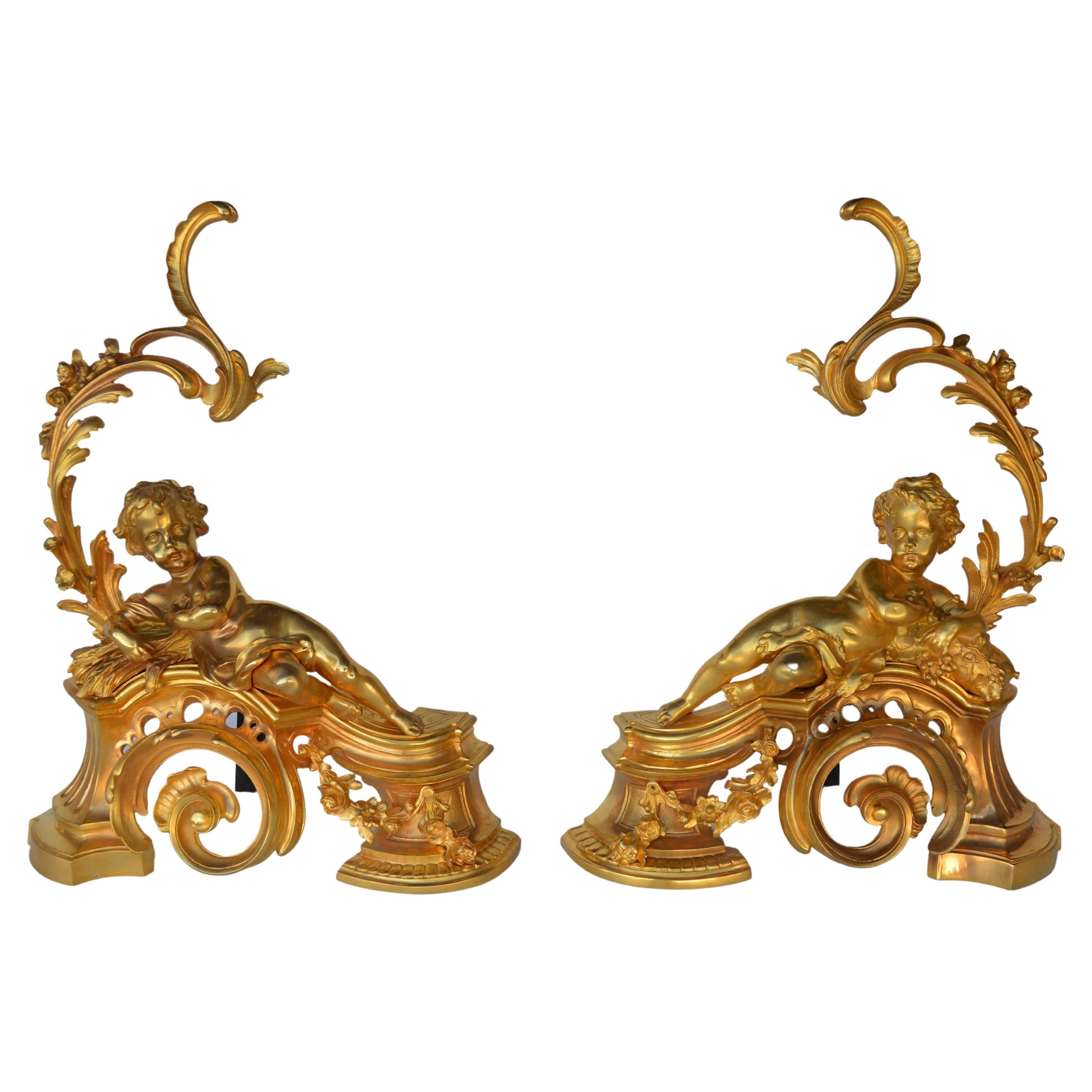 Antique Pair Of Bronze Louis XV Style Fireplace Chenet Andirons With Cupids 