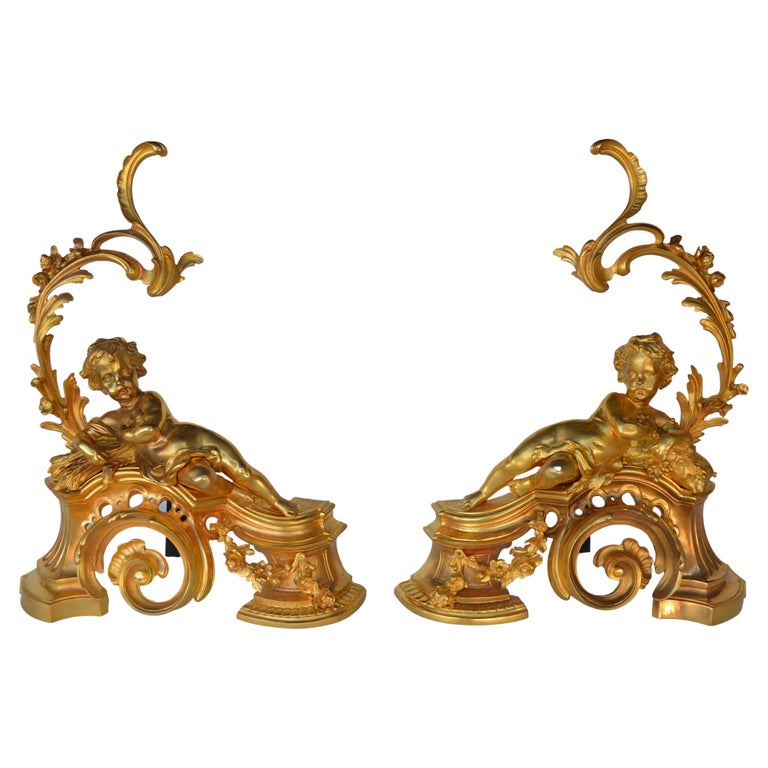 Gold Plated Louis XV Style Andiron Set, Cherub Motif For Sale at 1stDibs