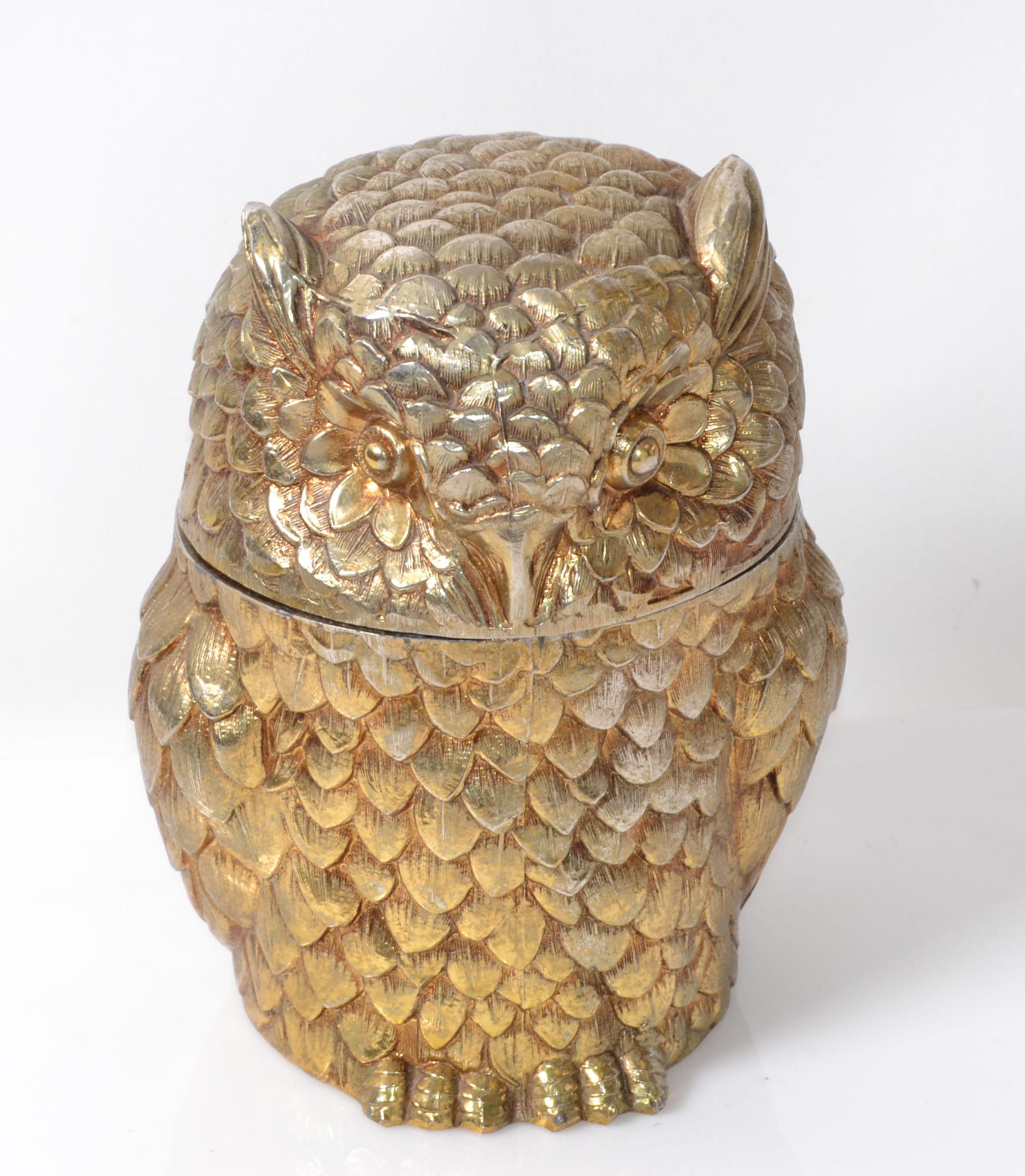 Hand-Crafted Gold Plated Mauro Manetti Insulated Owl Ice Bucket Mid-Century Modern Italy 1940