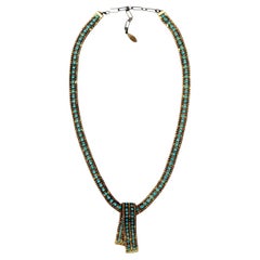 Gold Plated Mesh and Faux Turquoise Glass Necklace with Foldover Pendant