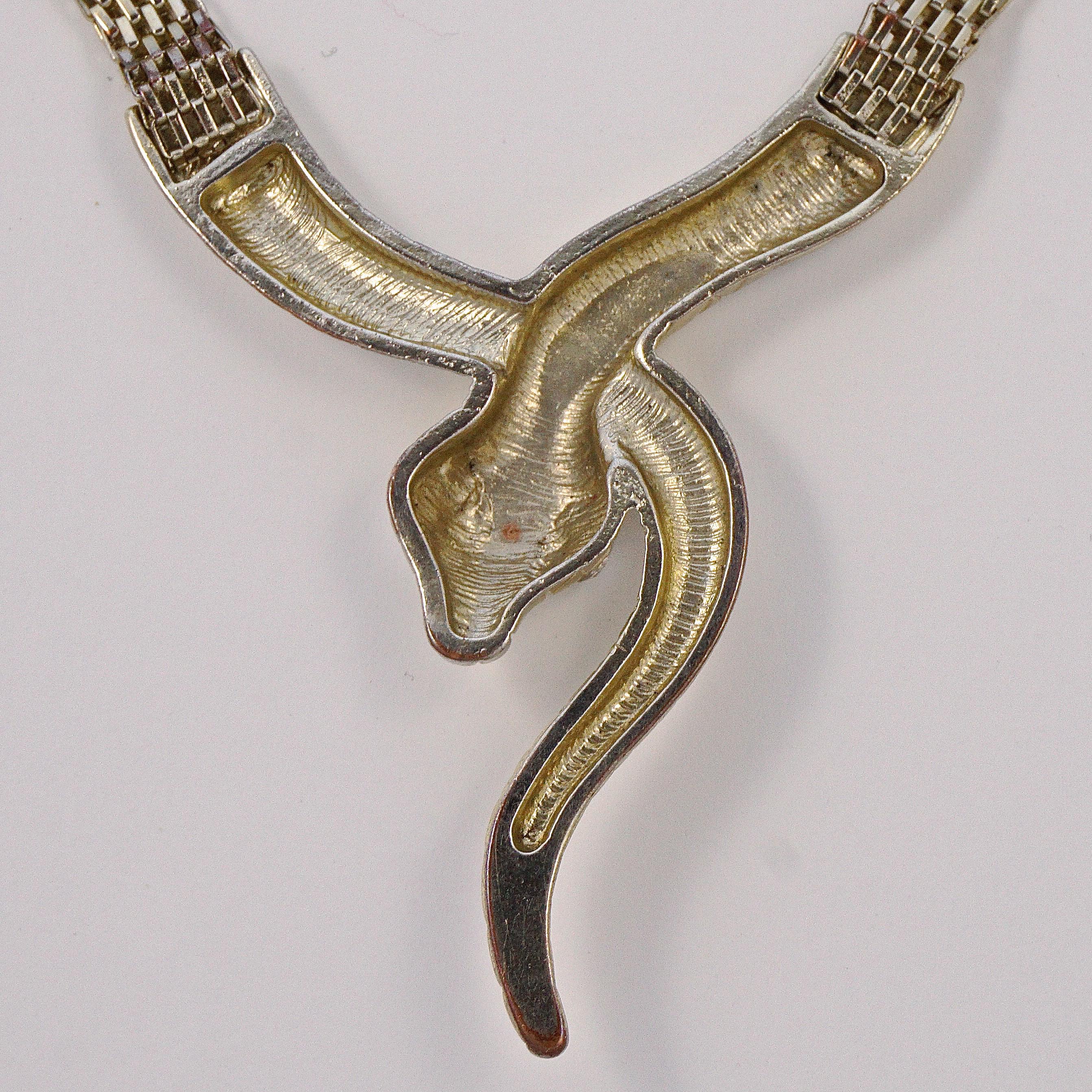 Gold Plated Mesh Link Snake Necklace with Clear Rhinestone Eyes circa 1980s 4