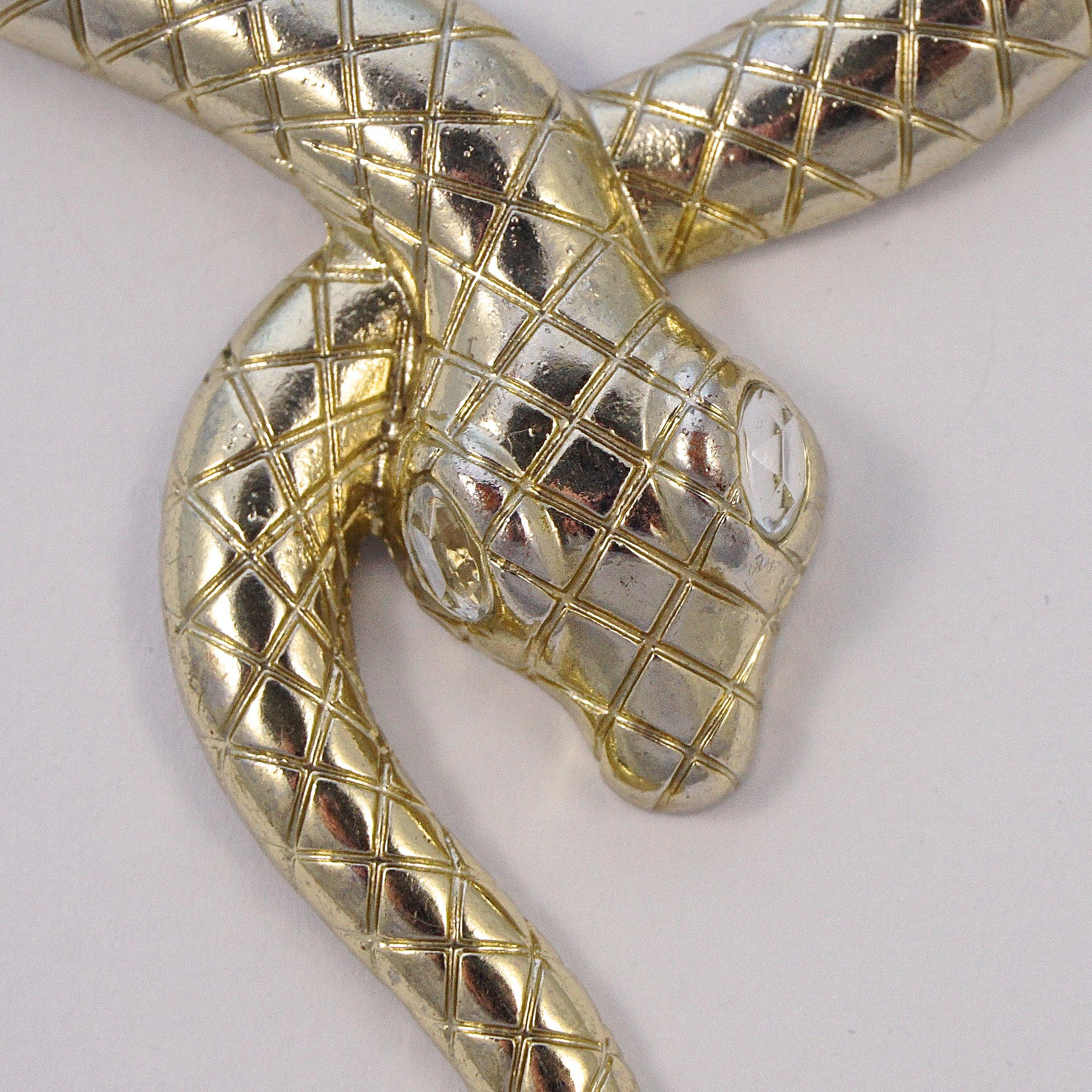 Pale gold plated mesh link chain necklace, featuring a fabulous textured snake with clear faceted rhinestone eyes. Measuring width 8mm / .3 inch, by length approximately 52cm / 20.4 inches not including the extension which is length 7.8cm / 3