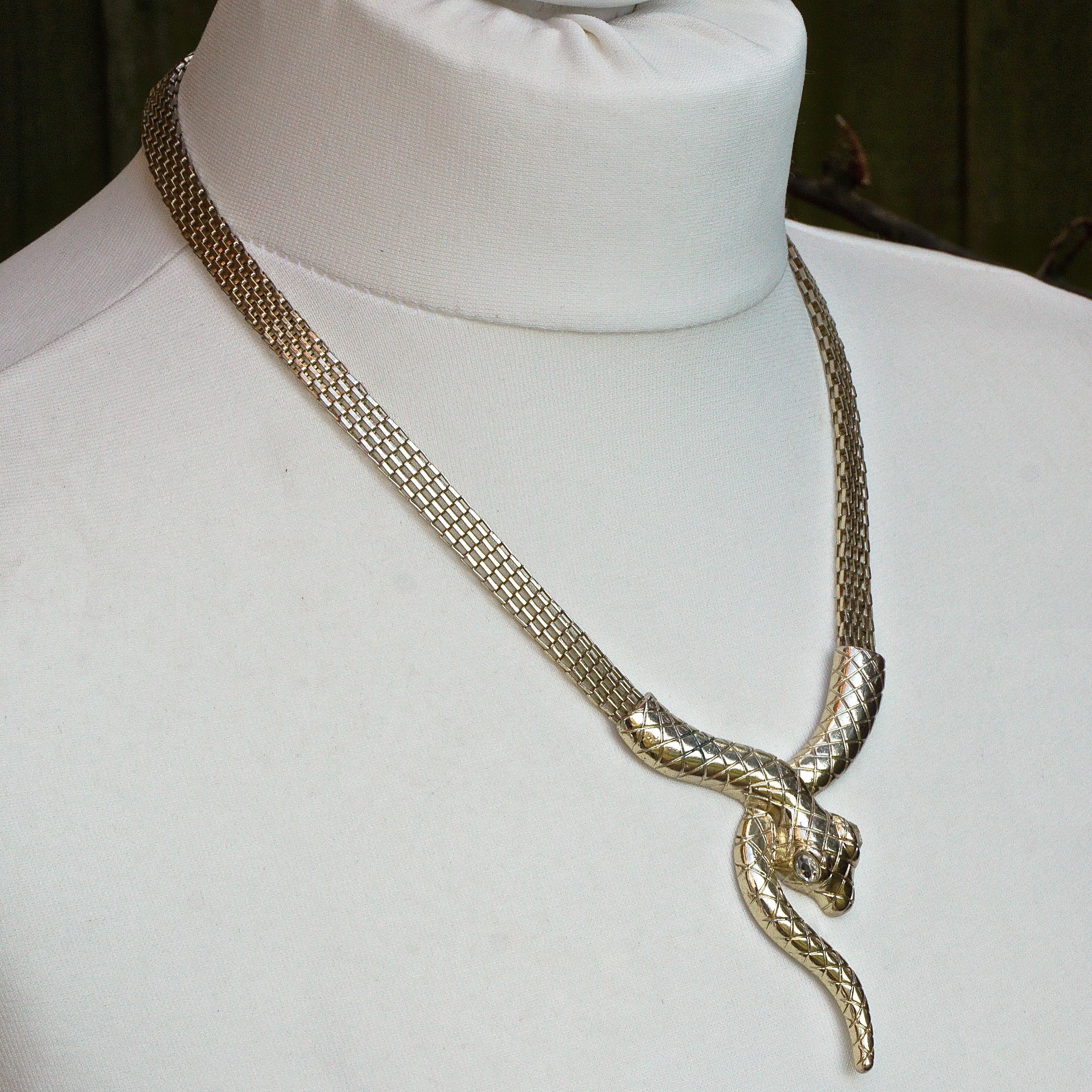 Gold Plated Mesh Link Snake Necklace with Clear Rhinestone Eyes circa 1980s In Good Condition In London, GB