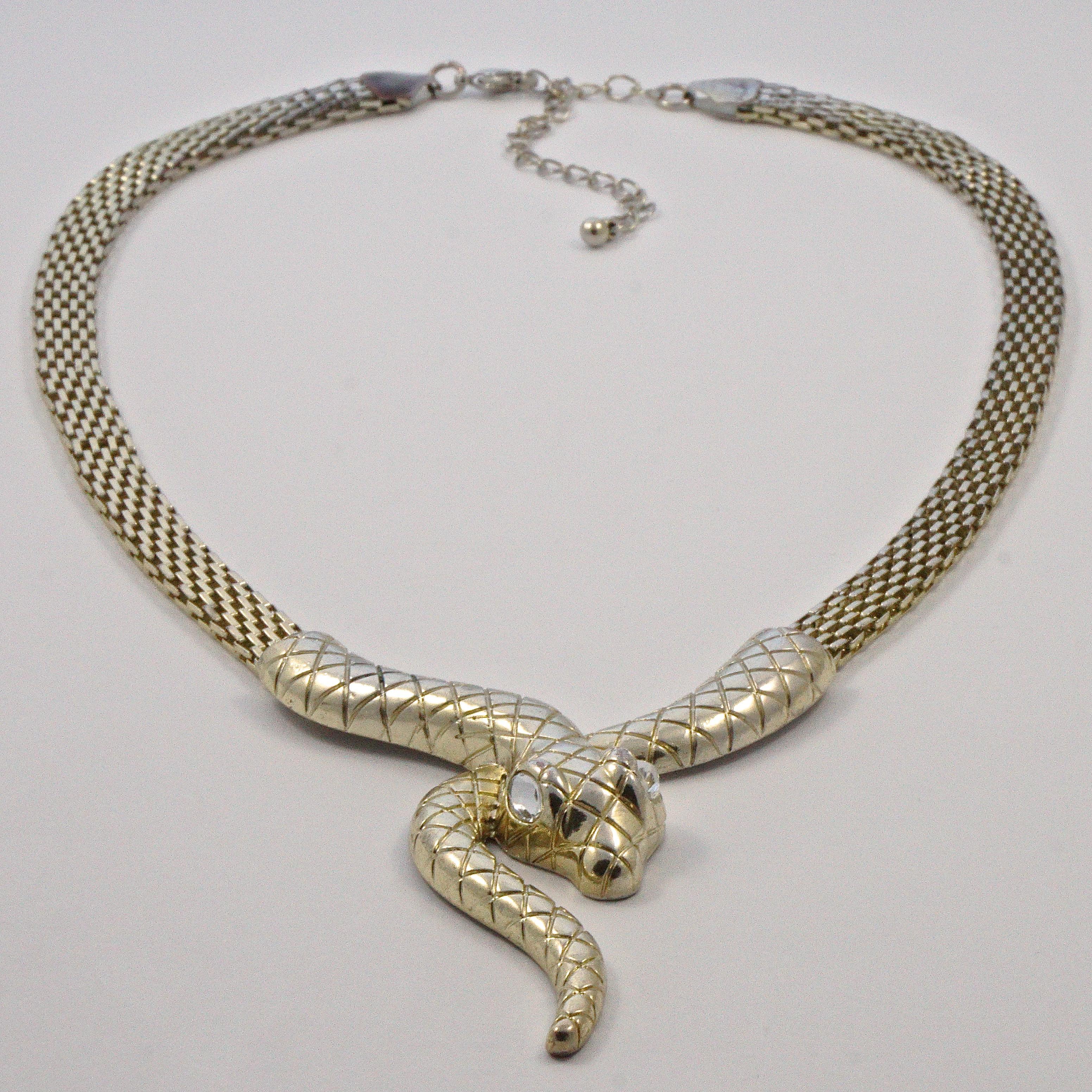 Women's or Men's Gold Plated Mesh Link Snake Necklace with Clear Rhinestone Eyes circa 1980s