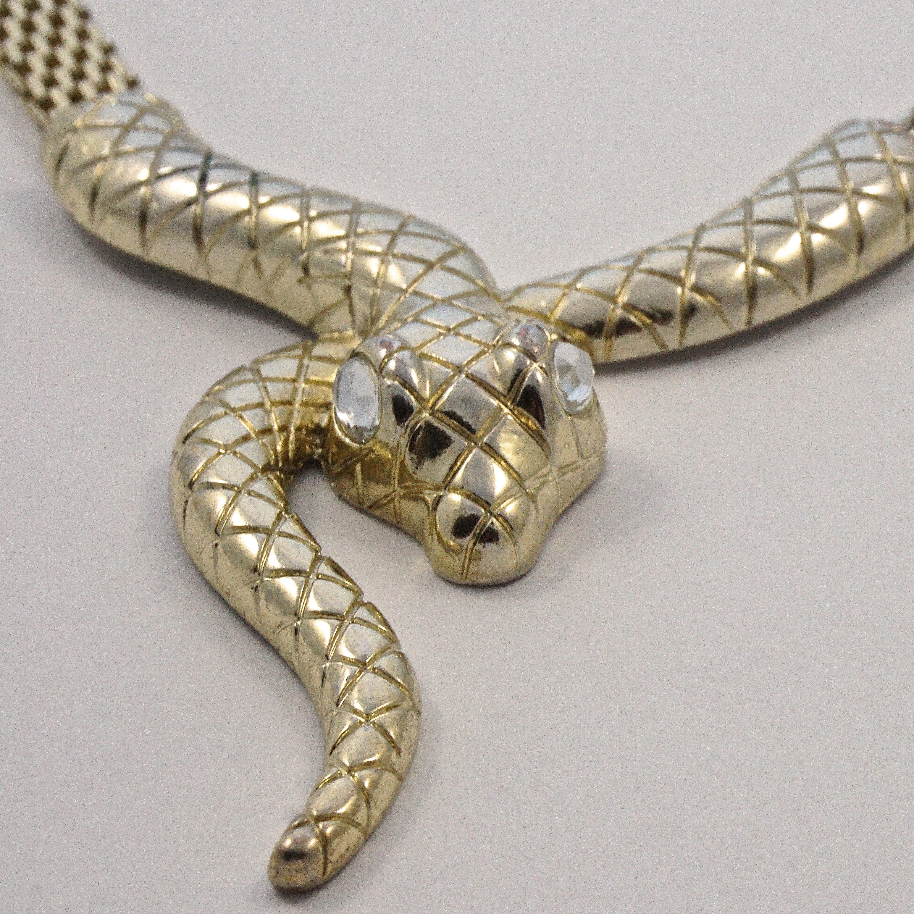 Gold Plated Mesh Link Snake Necklace with Clear Rhinestone Eyes circa 1980s 1