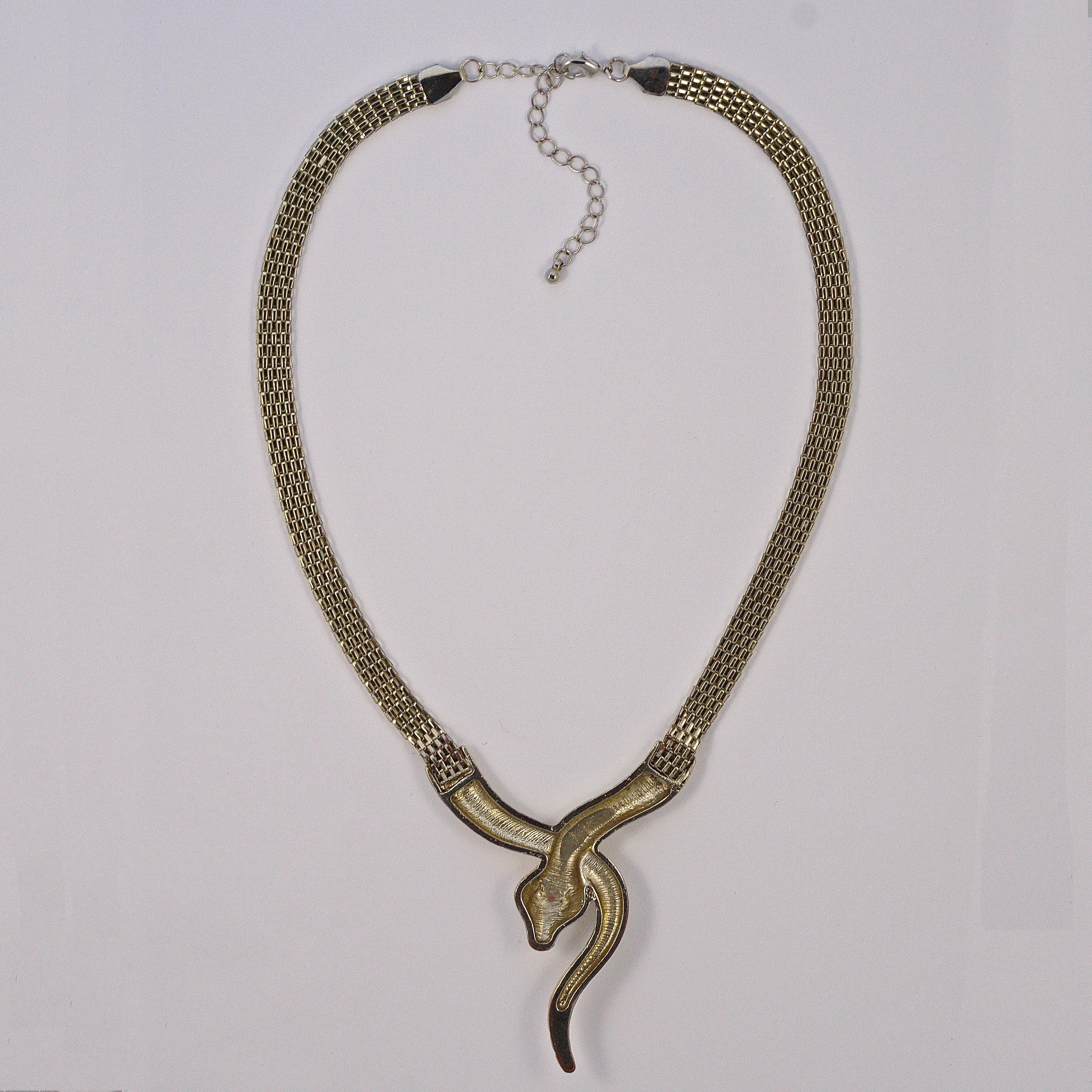Gold Plated Mesh Link Snake Necklace with Clear Rhinestone Eyes circa 1980s 2