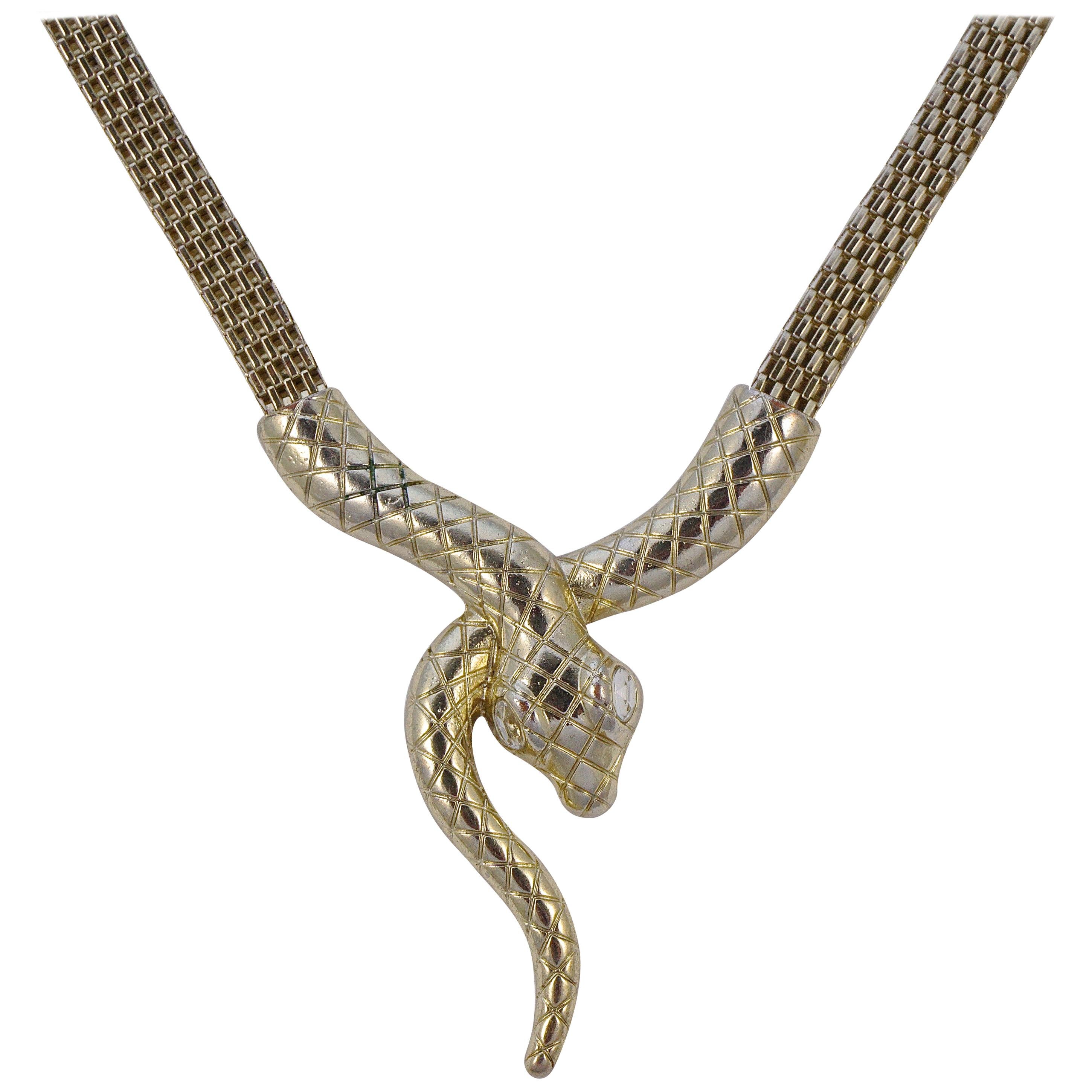 Gold Plated Mesh Link Snake Necklace with Clear Rhinestone Eyes circa 1980s