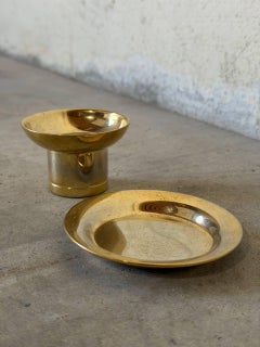 Gold Plated Metal Candlestick and Saucer Set Vintage Danish Vintage 1970s
