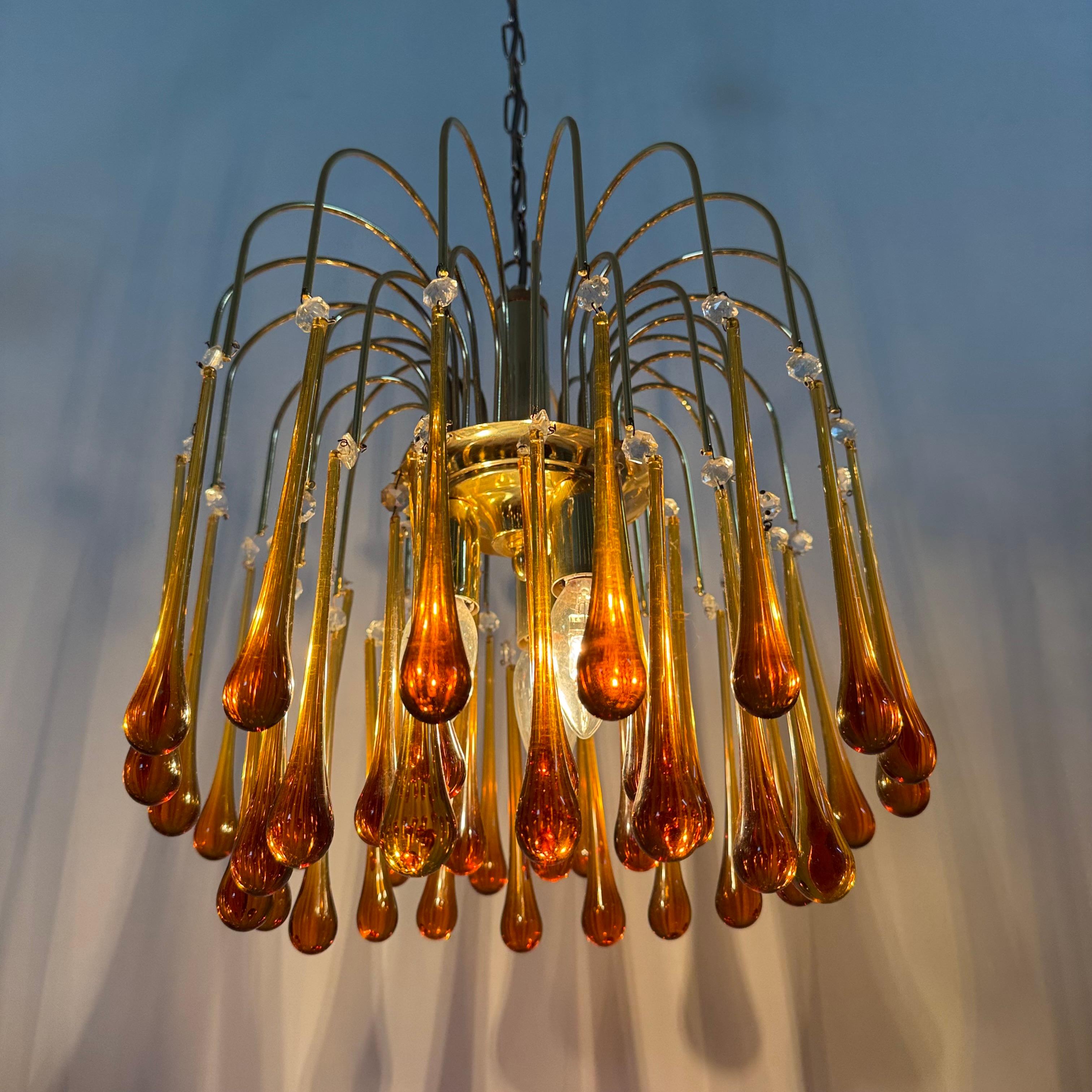 Araña de gota de cristal de Murano y metal dorado de Paolo Venini para Mand Eurolu en venta 1