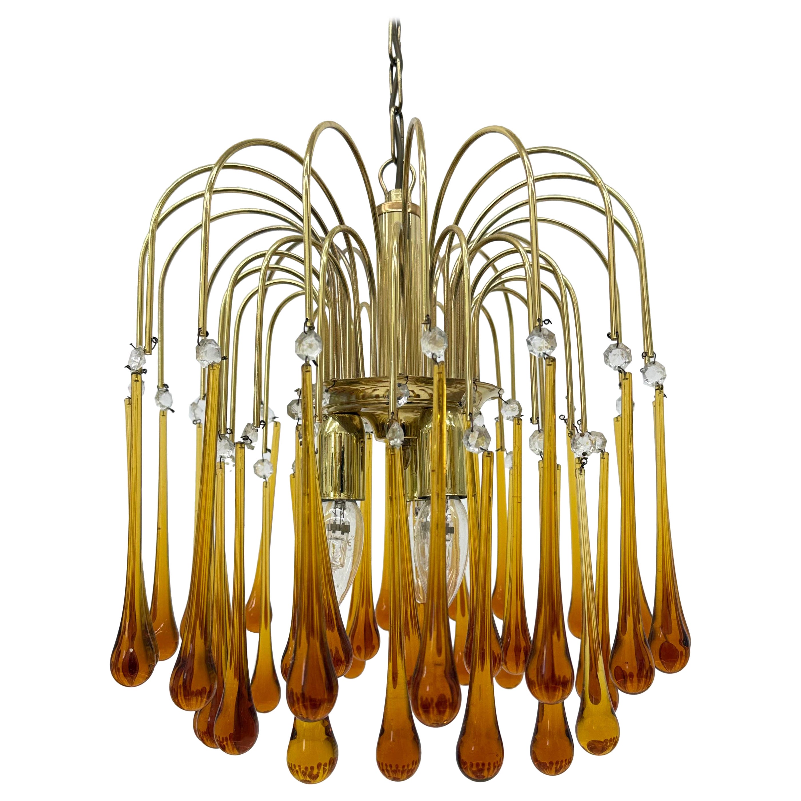 Araña de gota de cristal de Murano y metal dorado de Paolo Venini para Mand Eurolu en venta
