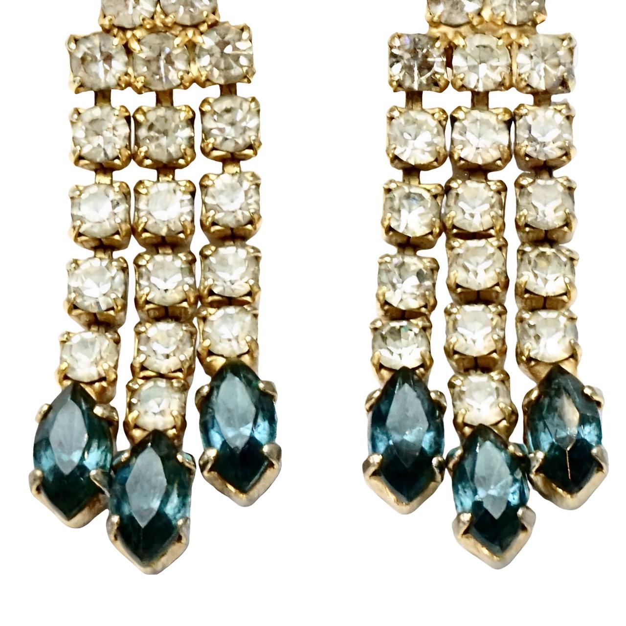 Gold Plated Mid Blue Marquise and Round Rhinestone Drop Earrings circa 1950s In Good Condition For Sale In London, GB
