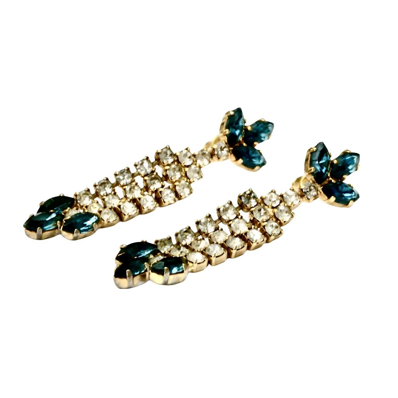 Women's or Men's Gold Plated Mid Blue Marquise and Round Rhinestone Drop Earrings circa 1950s For Sale