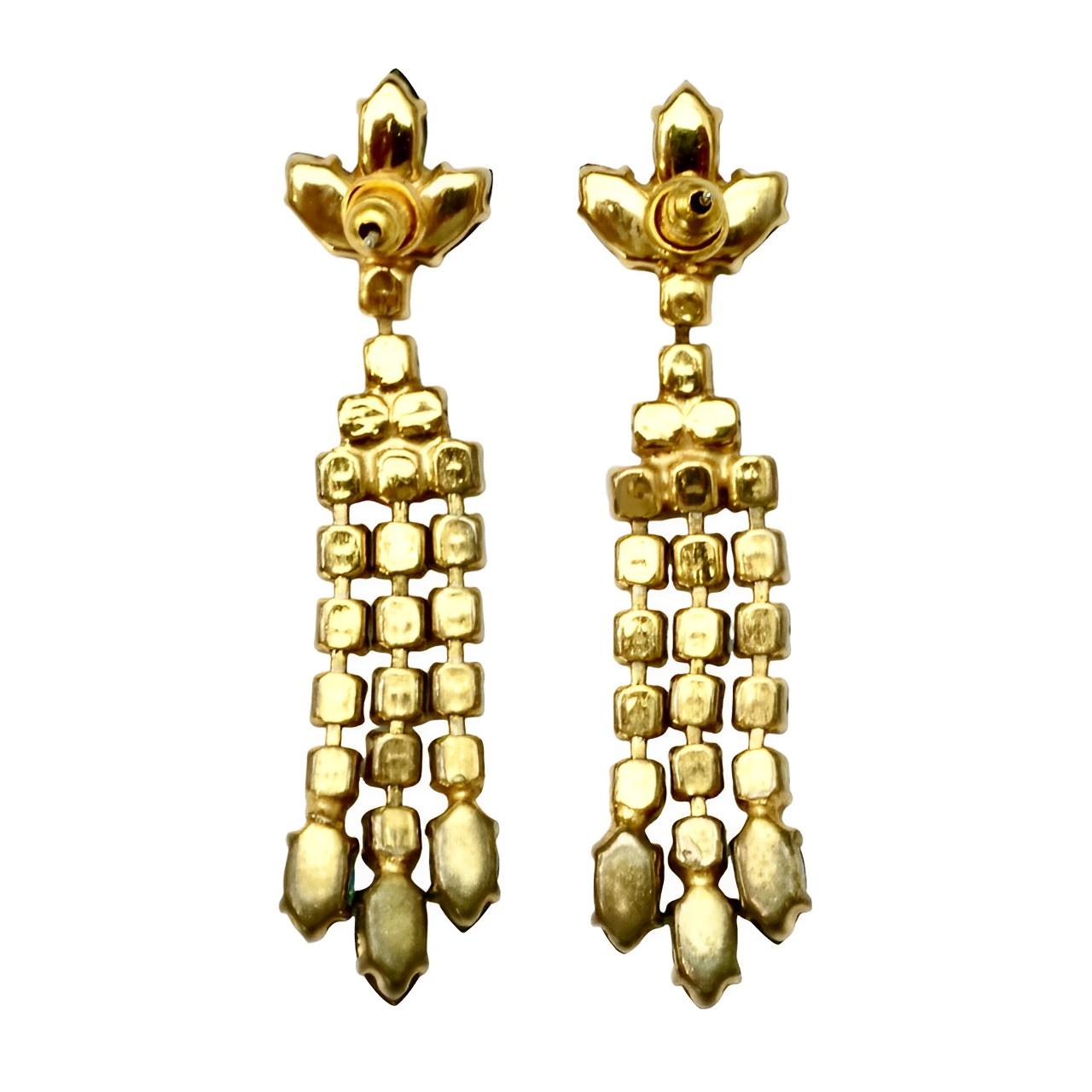 Gold Plated Mid Blue Marquise and Round Rhinestone Drop Earrings circa 1950s For Sale 1