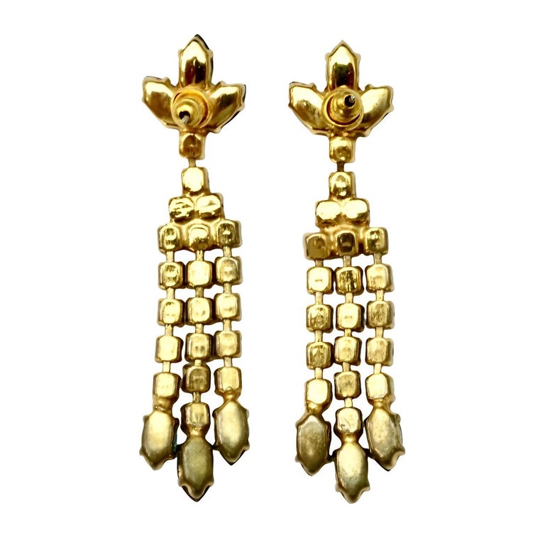 Boucles D'oreilles Pendantes Vintage Années 1960 - Cristaux Et Métal Doré - Fermoir Clips - Occasion