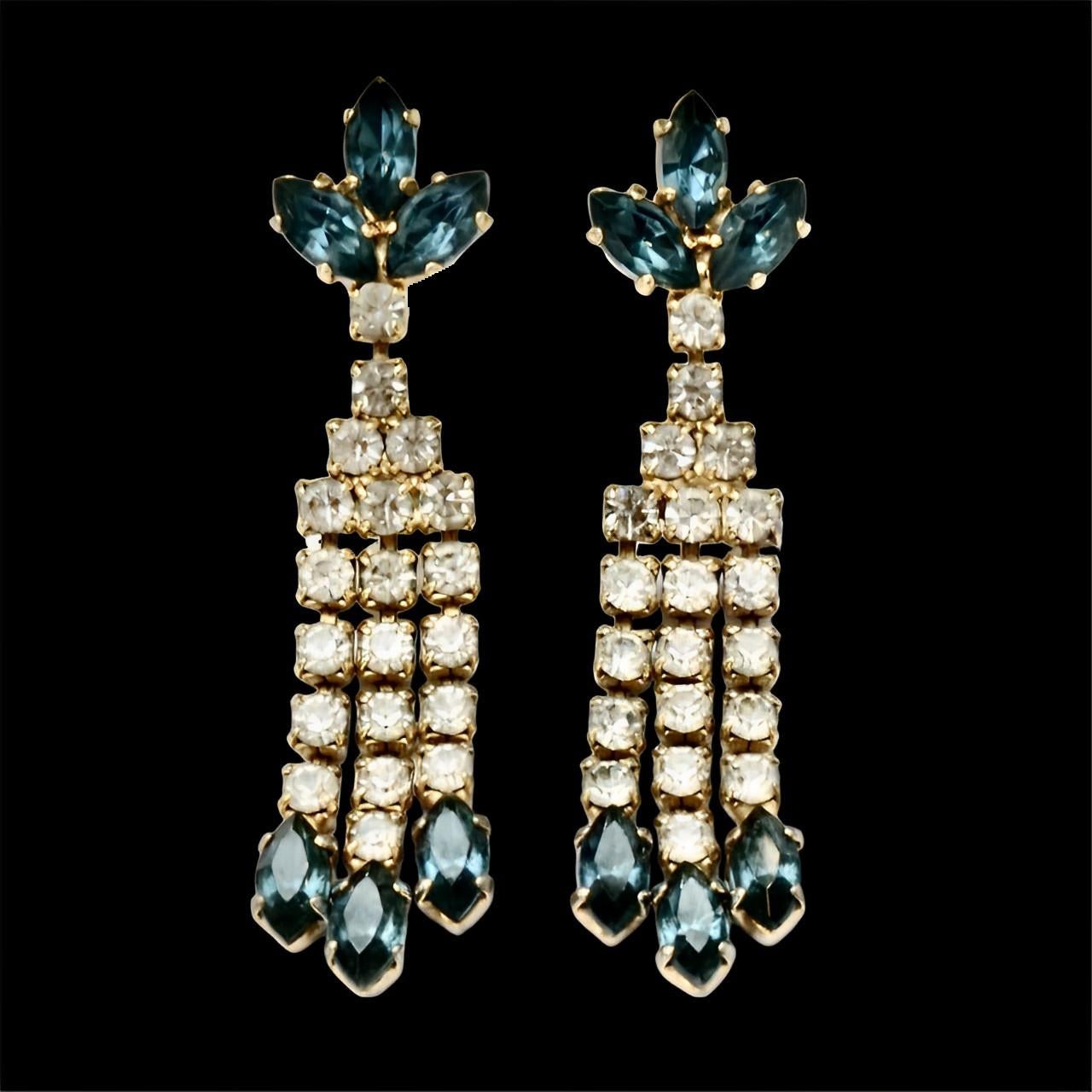 Gold Plated Mid Blue Marquise and Round Rhinestone Drop Earrings circa 1950s For Sale 2