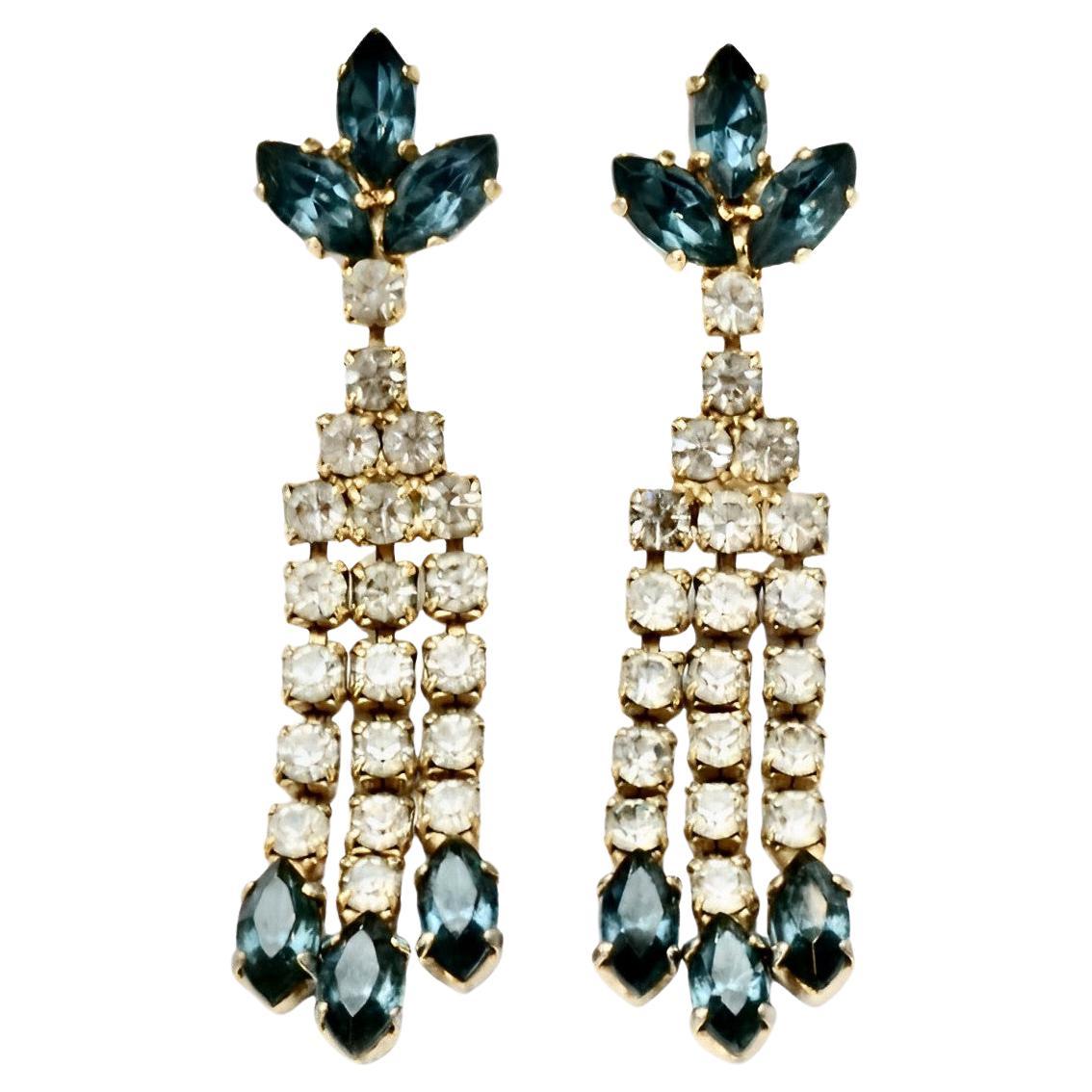 Gold Plated Mid Blue Marquise and Round Rhinestone Drop Earrings circa 1950s For Sale