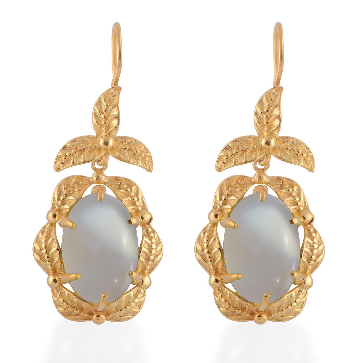 Cabochon Gold Plated Moonstone Hand Engraved Dangle Earrings For Sale