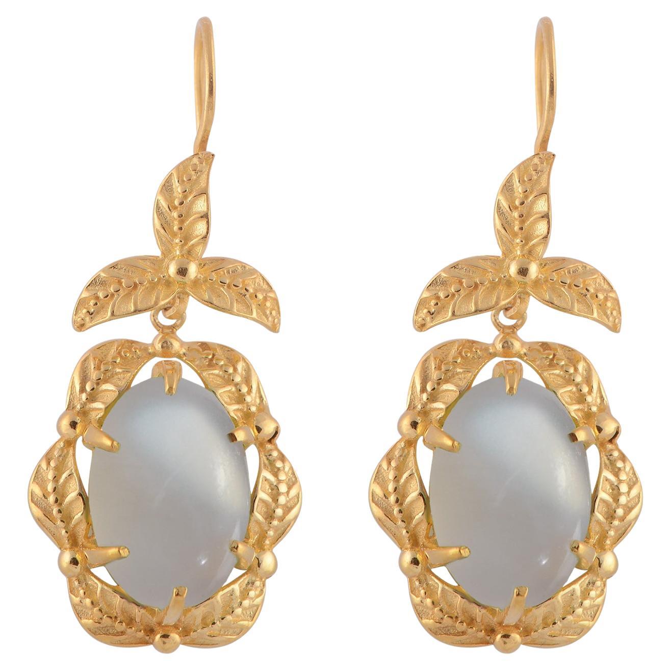 Gold Plated Moonstone Hand Engraved Dangle Earrings For Sale