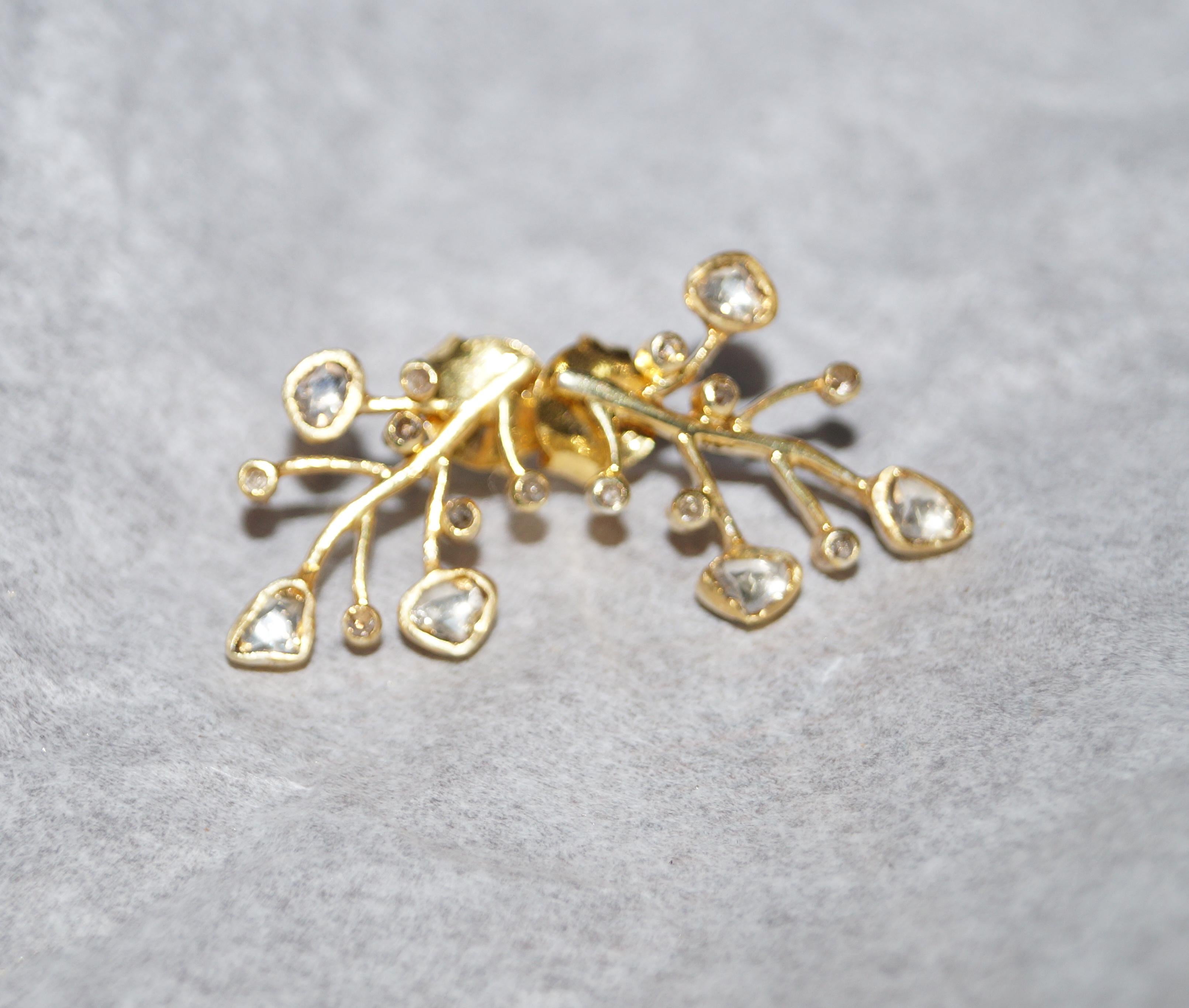 Modernist Gold plated natural uncut diamond designer sterling silver stud earrings For Sale