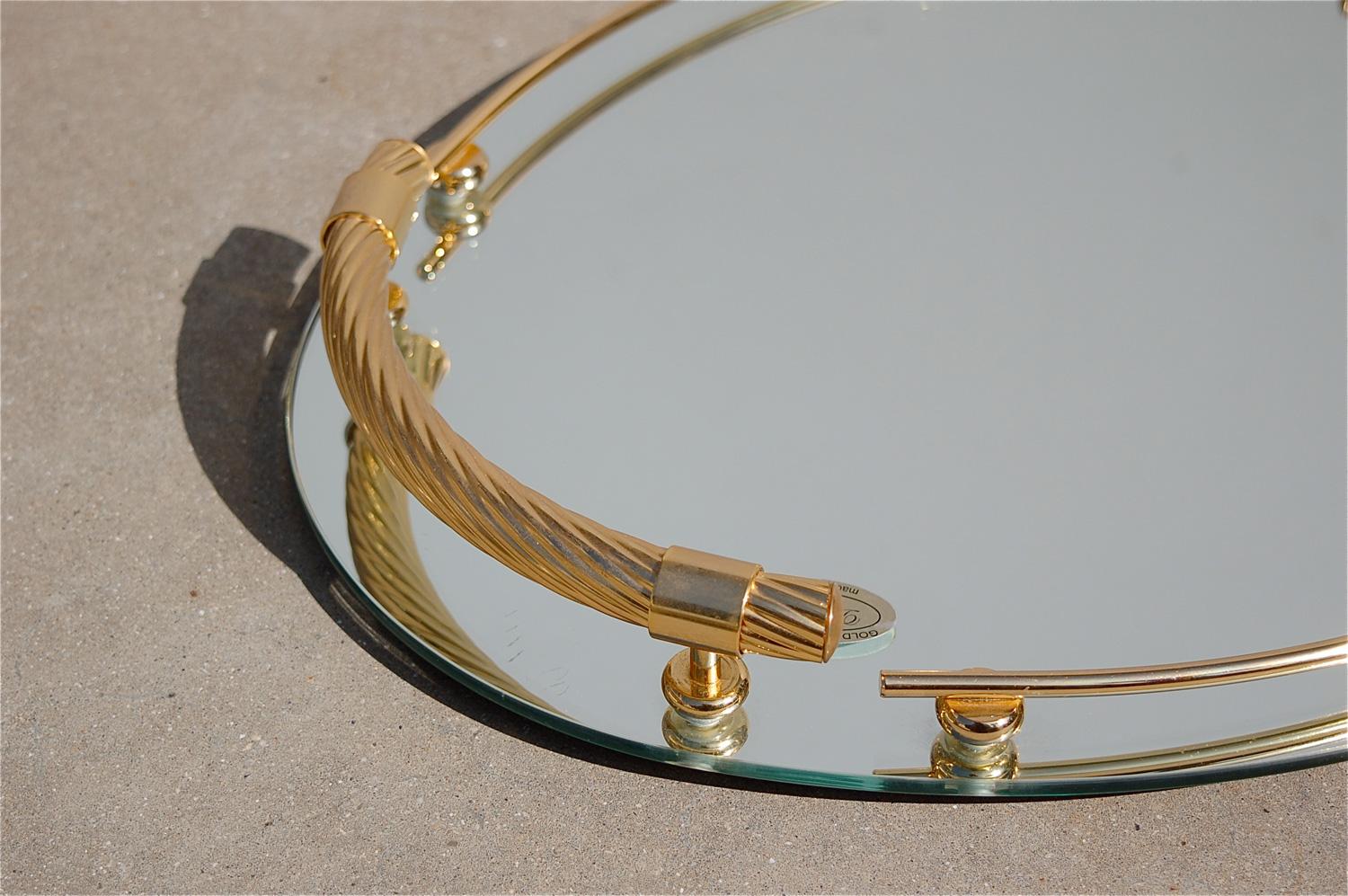 Hollywood Regency Gold-Plated Oval Mirrored Tray by Dimart Milano Italy, 1980s