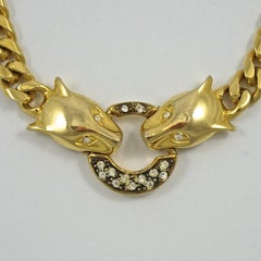 Gold Plated Panther with Rhinestone Eyes Curb Link Chain Necklace, circa 1980s