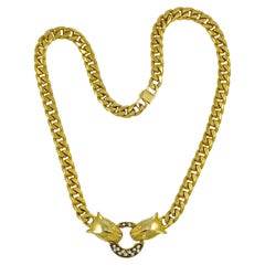 Gold Plated Panther with Rhinestone Eyes Curb Link Chain Necklace, circa 1980s