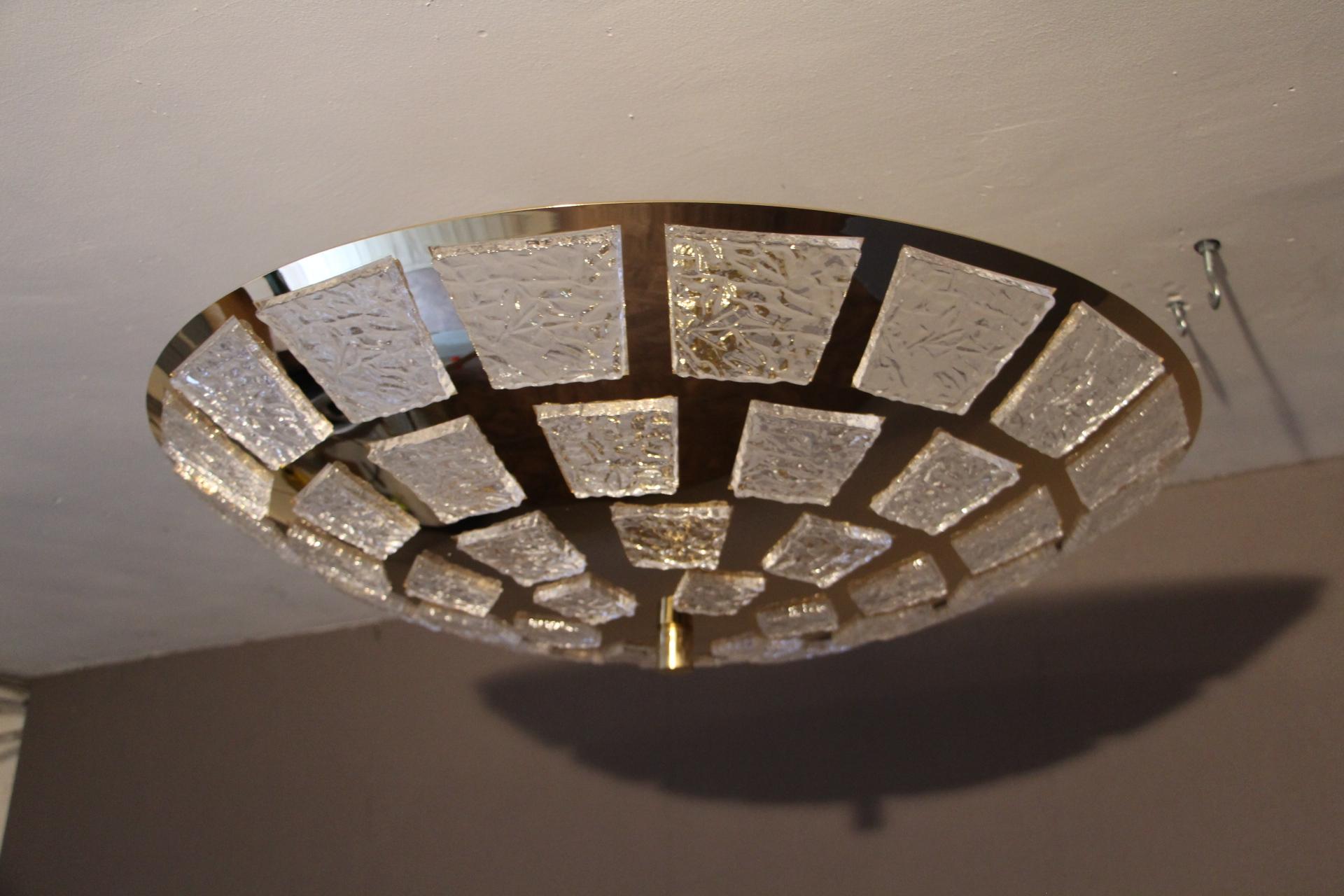 Contemporary Gold-Plated Pendant Flush Light with Textured Translucent Murano Glass Plaques