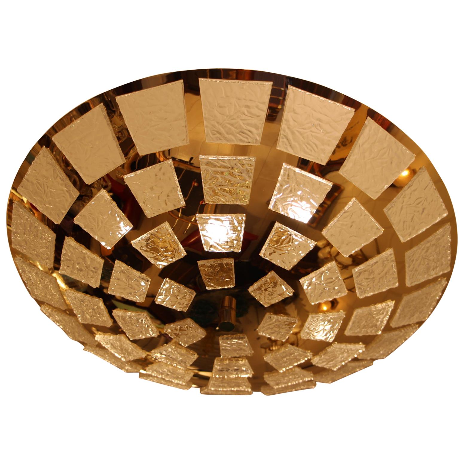 Gold-Plated Pendant Flush Light with Textured Translucent Murano Glass Plaques