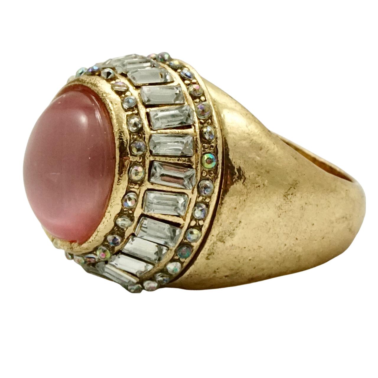 Gold Plated Pink Moonglow and Crystals Cocktail Ring In Good Condition For Sale In London, GB